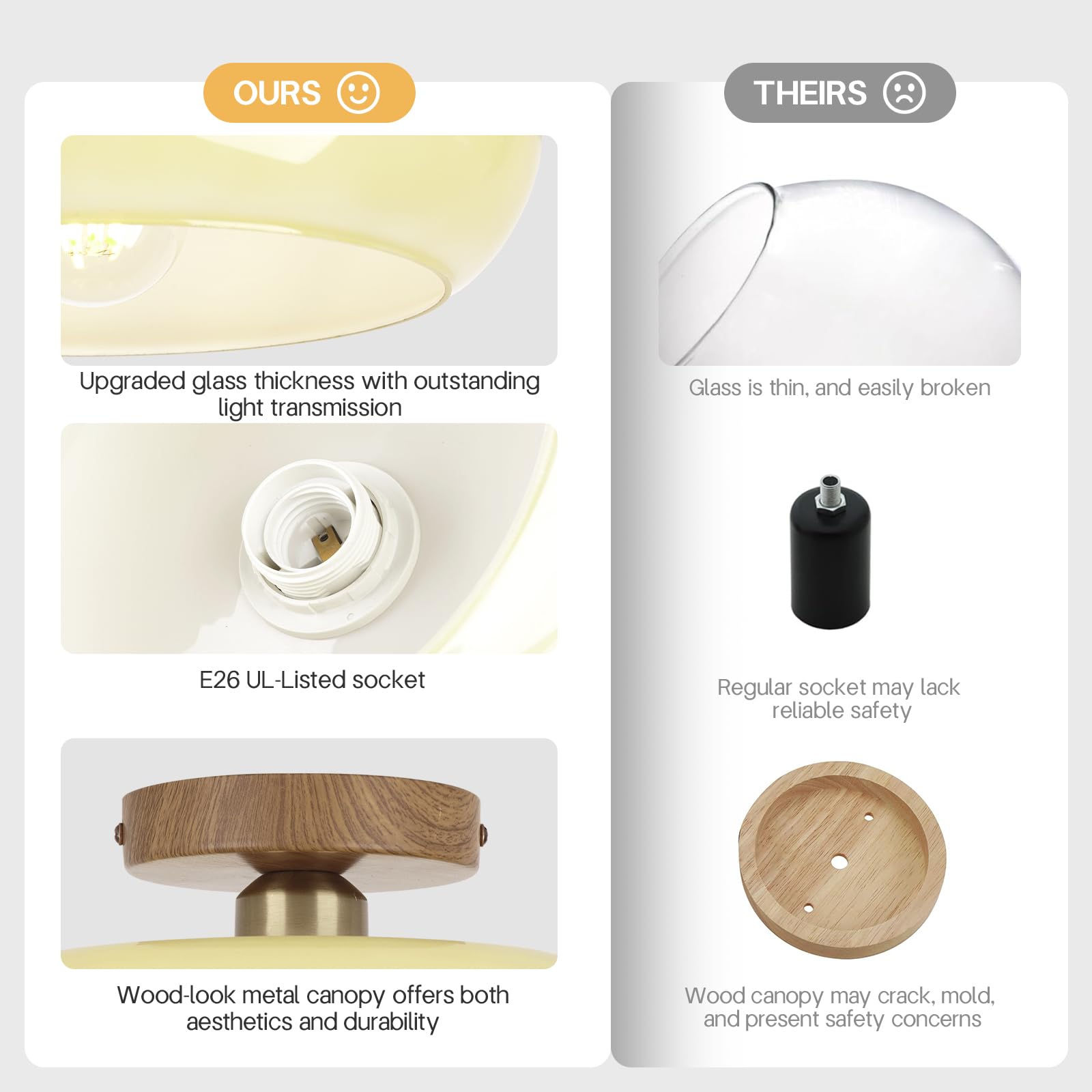 Clarsyne Mid Century Modern Schoolhouse Semi Flush Mount Ceiling Light  Cream Glass Lamp With Wood Grain Metal Base  Rustic Farmhouse Lighting Fixture For Bedroom  Hallway  Dining  Living  Entryway