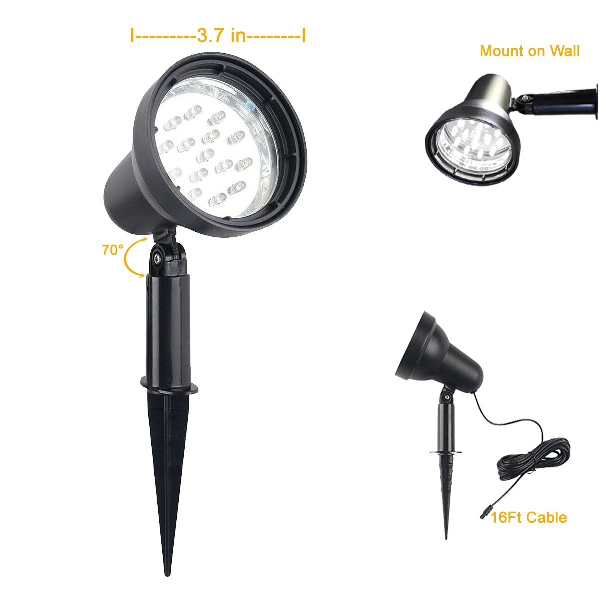 SUNLONG Solar Powered Spot Lights - Waterproof 2-in-1 Adjustable Brightness for Yard, Flagpole, Landscape - 2 x Spots, White, Model SLSP00