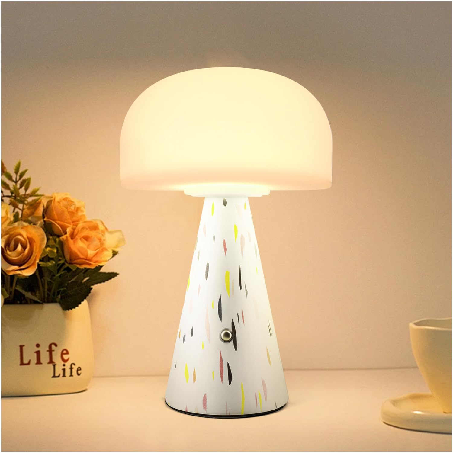 Levigo Cute Mushroom Table Lamp with Touch Switch, Natural Style Portable Cordless LED Dimmable Soft Light Lamp (Yellow)