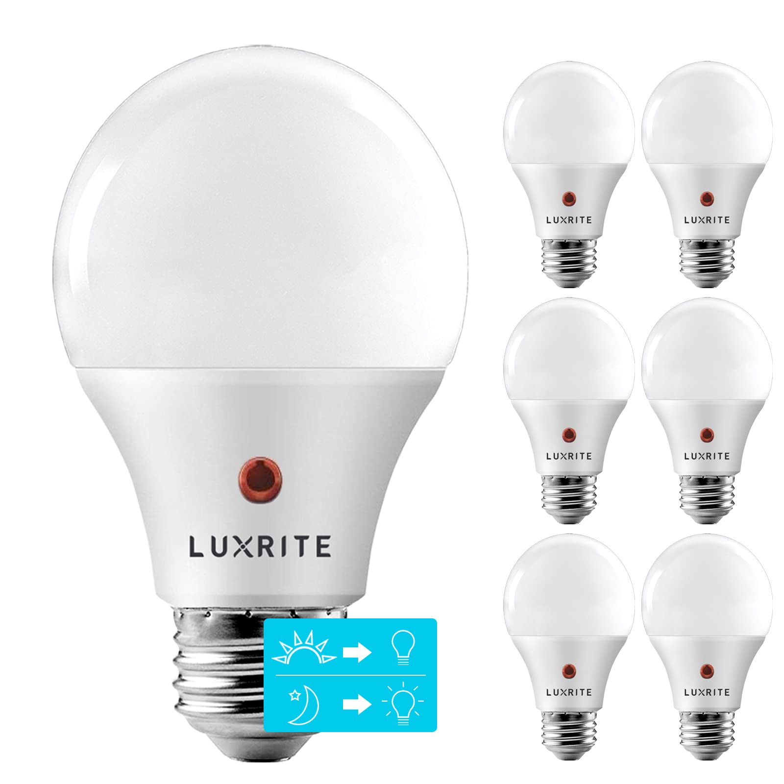 LUXRITE A19 LED Light Bulbs, 60W Equivalent, Dusk to Dawn, 5000K Bright White, 800 Lumens, E26 Base, 6 Pack