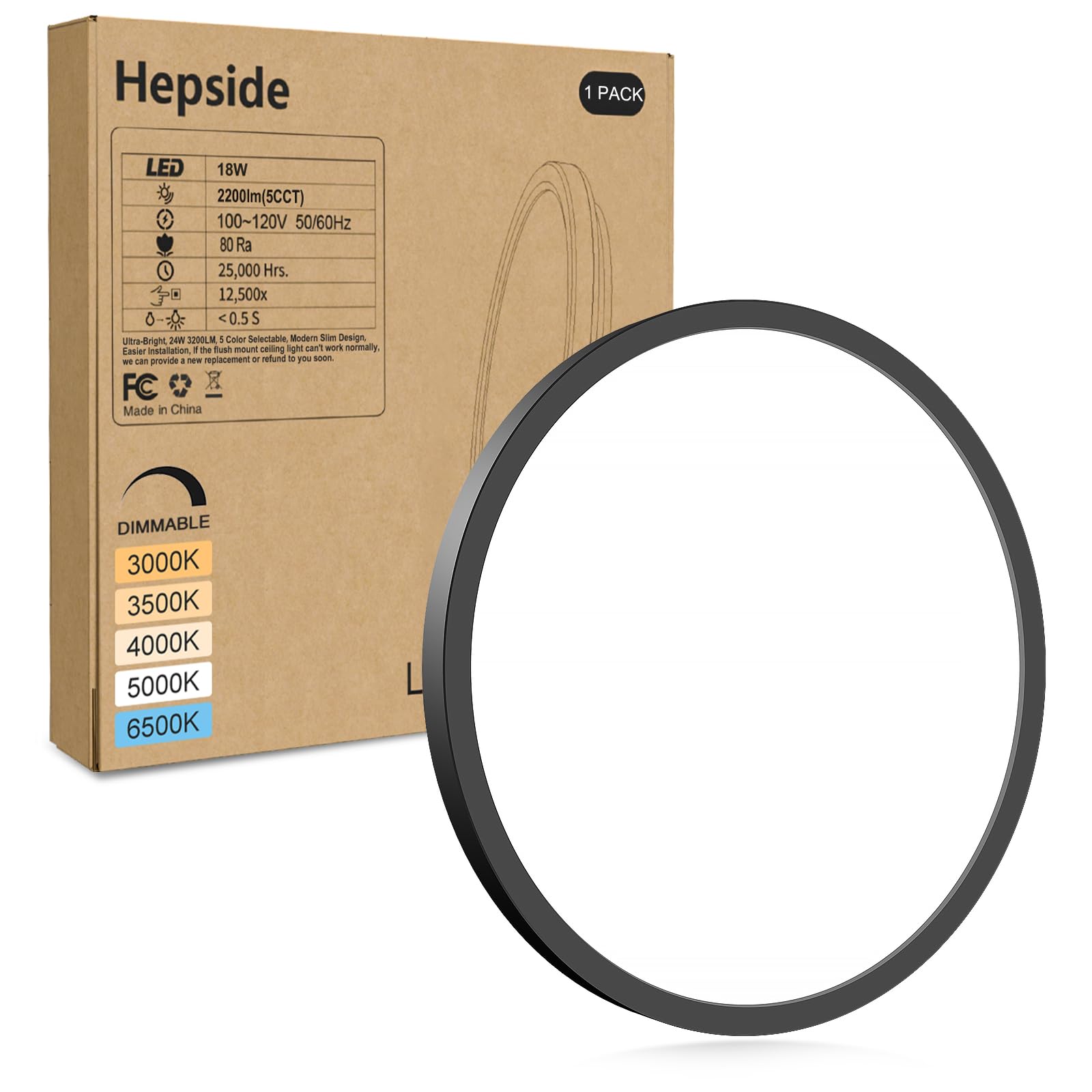 hepside 1Pack LED Flush Mount Ceiling Light Fixture  9Inch 18W  Dimmable&3000K/3500K/4000K/5000K/6500K Adjustable Low Profile Ceiling Lights  Round Flat Ceiling Light for Closet Kitchen Hallway-Black