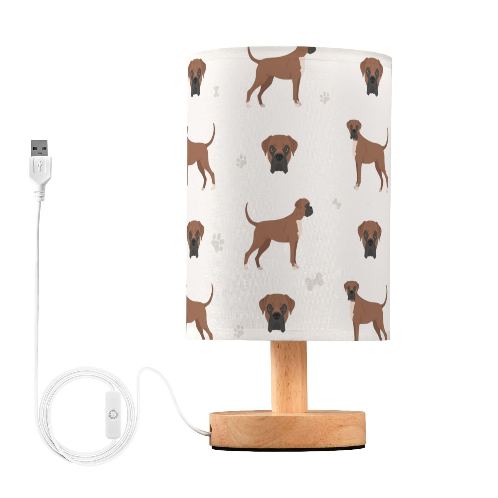 YYZZH Table Lamp Boxer Dog Pattern Nightstand Lamp with Wood Base Fabric Lamp Shade Bedside Desk Lamp for Living Room Bedroom Ki