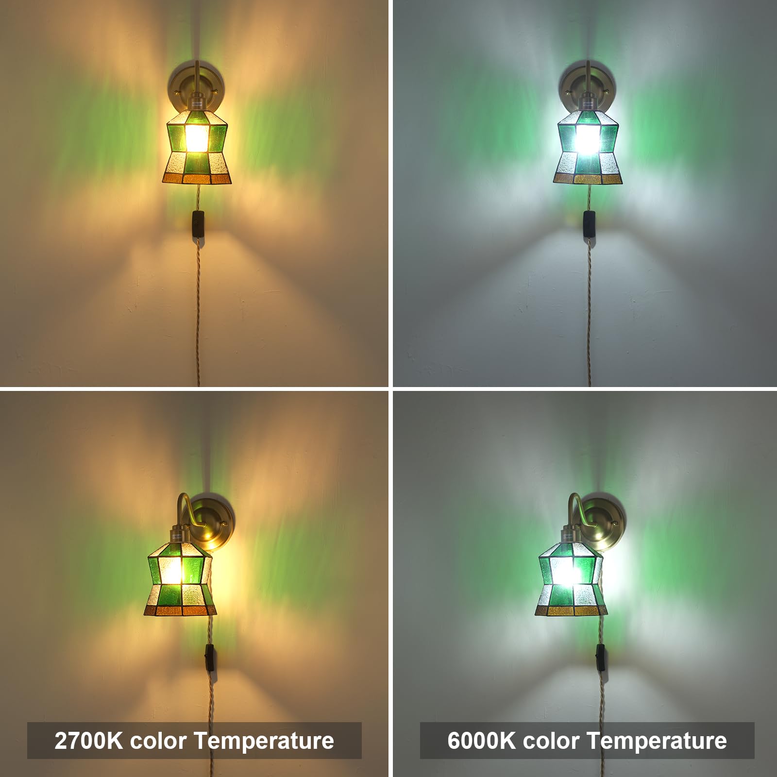 Shenmoyl Vintage Wall Sconce, Stained Glass Shade, 1 Light Plug in, Polygonal Checker, Model 1-94143-wlamp