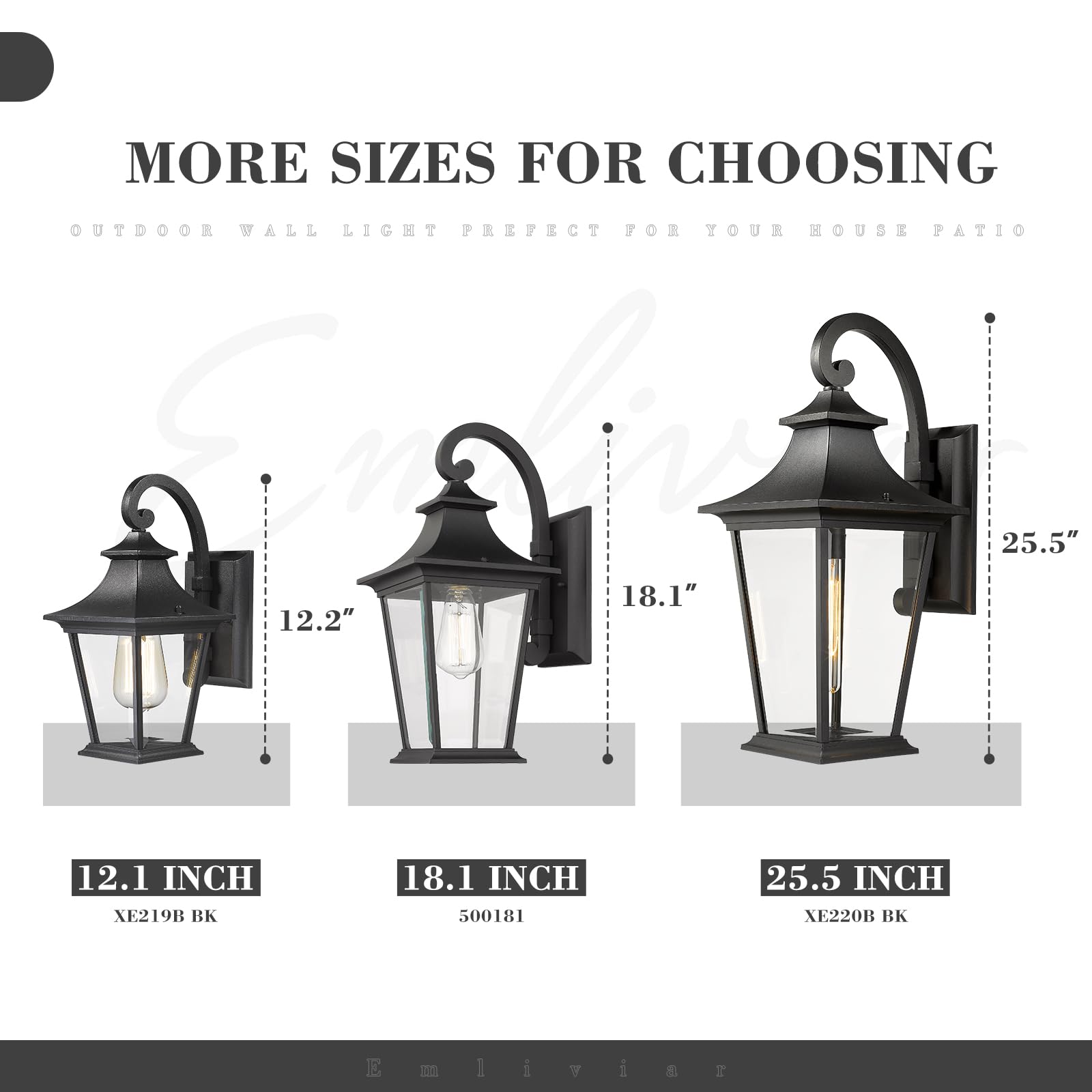 Emliviar Black Outdoor Porch Light Fixture, Modern Clear Glass Wall Light, 12&quot; Height