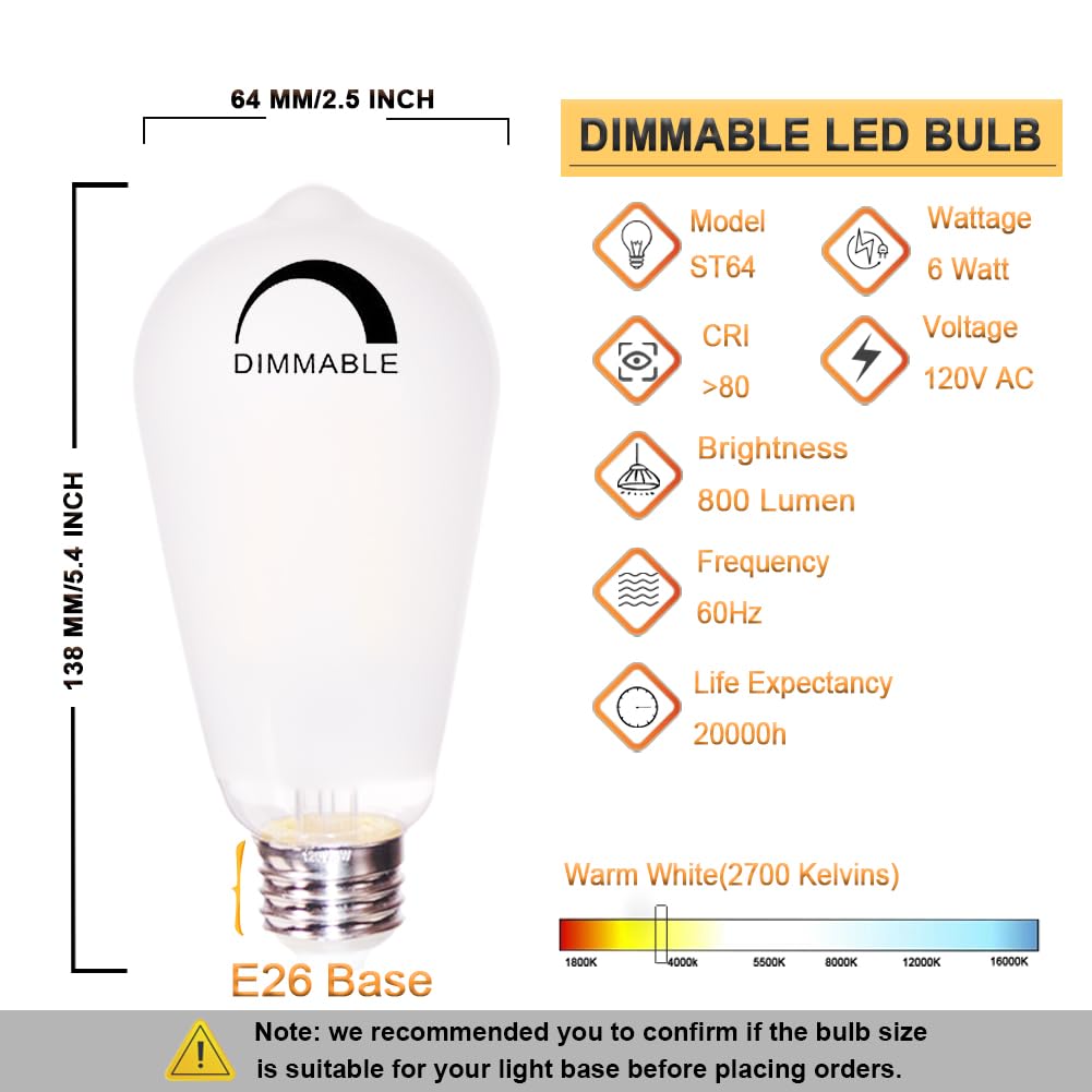 Boyamtoo Led Bulbs St64 6W Equivalent 60W 2700K Warm White Vintage Led Light Bulbs 800Lm Dimmable Brightness With E26 Base And Frosted Glass Cover, Pack Of 3 (2700K, 6W)