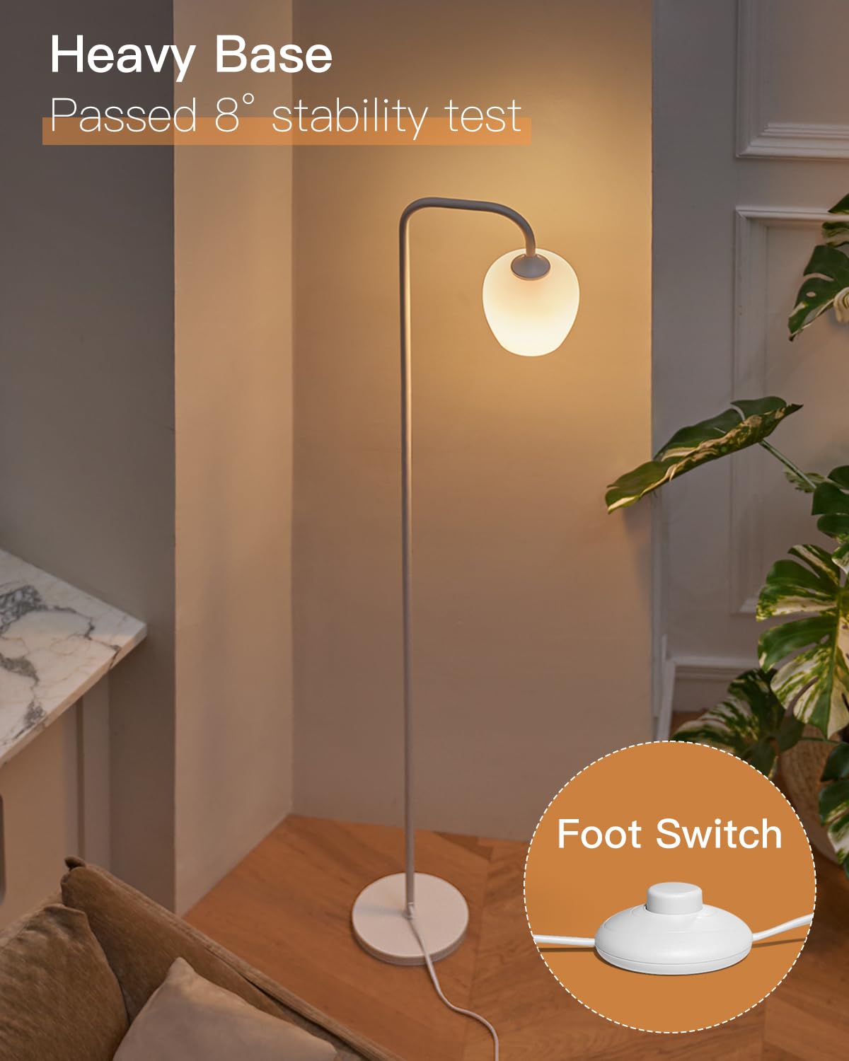 ONEWISH Modern White Floor Lamp with Opal Glass Shade, LED Bulb Included, Tall Design for Living Room & Bedroom, Model 13FLR003USC