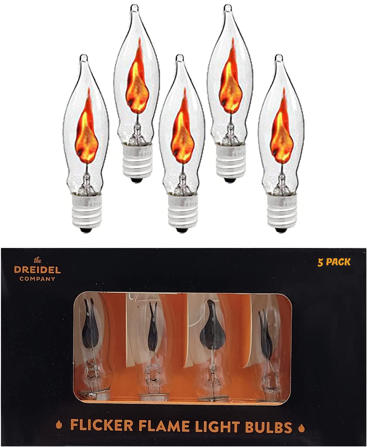 The Dreidel Company Flicker Flame Light Bulbs, E12 Replacement, 1 Watt, 5-Pack, Clear Glass, Dances with Flickering Orange Glow