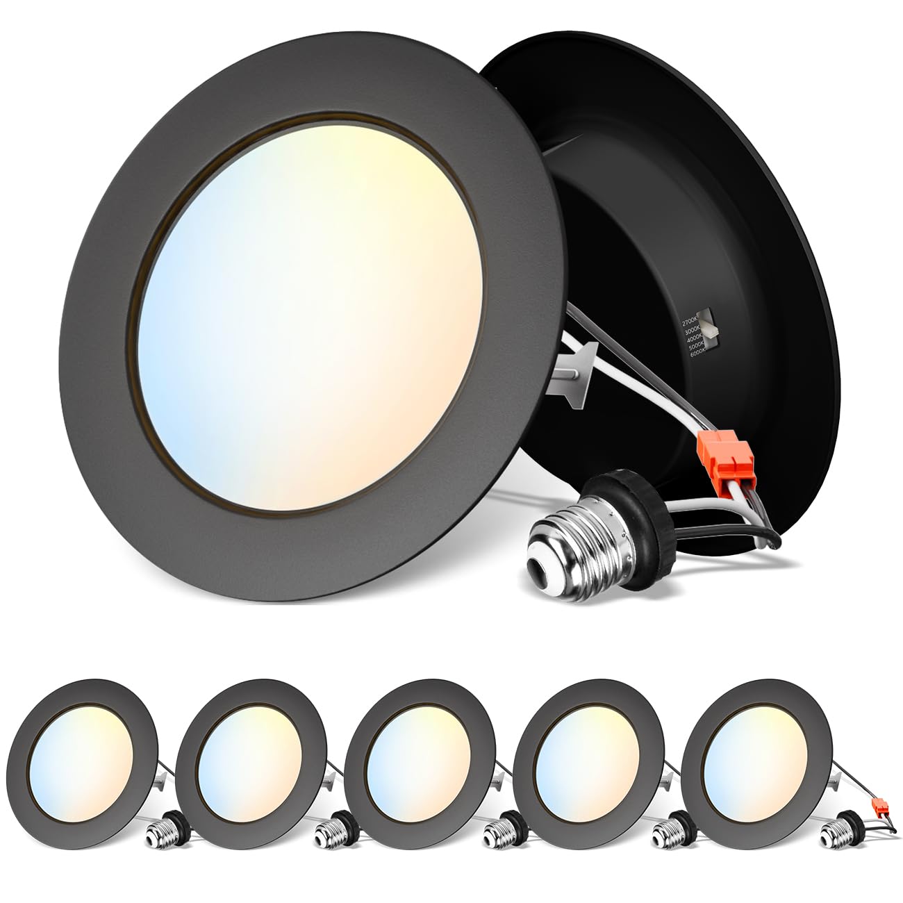 Anwio Recessed Lighting 4 Inch Black  5Cct 6W 700Lm Flat Retrofit Led Recessed Lights Can Needs  2700/3000/4000/5000/6000K Selectable Can Lights Cri 80+ Dimmable E26 Base Ic Rated & Etl 5 Pack