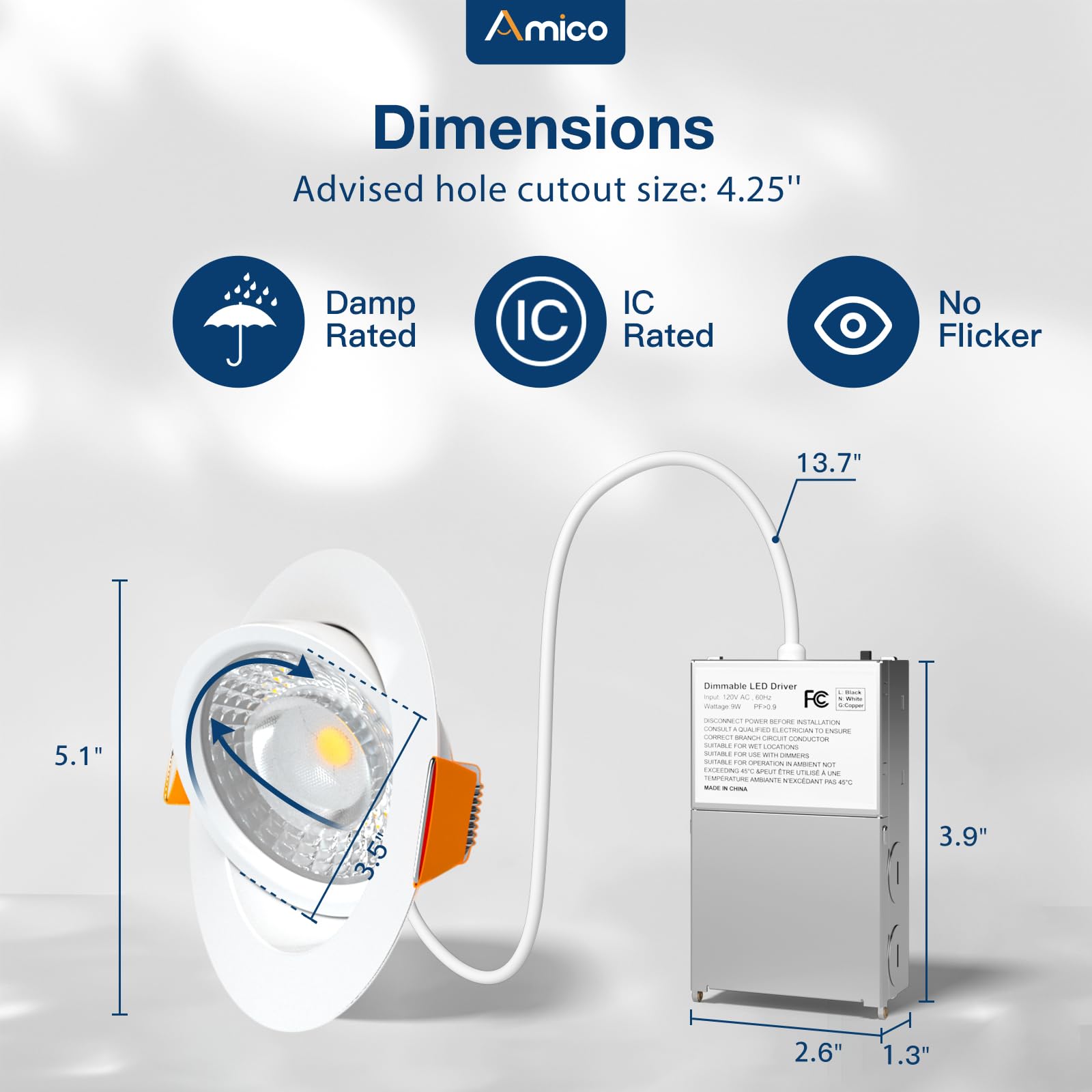 Amico 4 Pack 4 Inch 5Cct Gimbal Led Recessed Lighting  360&90 Adjustable Eyeball Directional Downlight  Dimmable  2700K/3000K/3500K/4000K/5000K Selectable  Cri90+ 9W 700Lm  Etl&Fcc