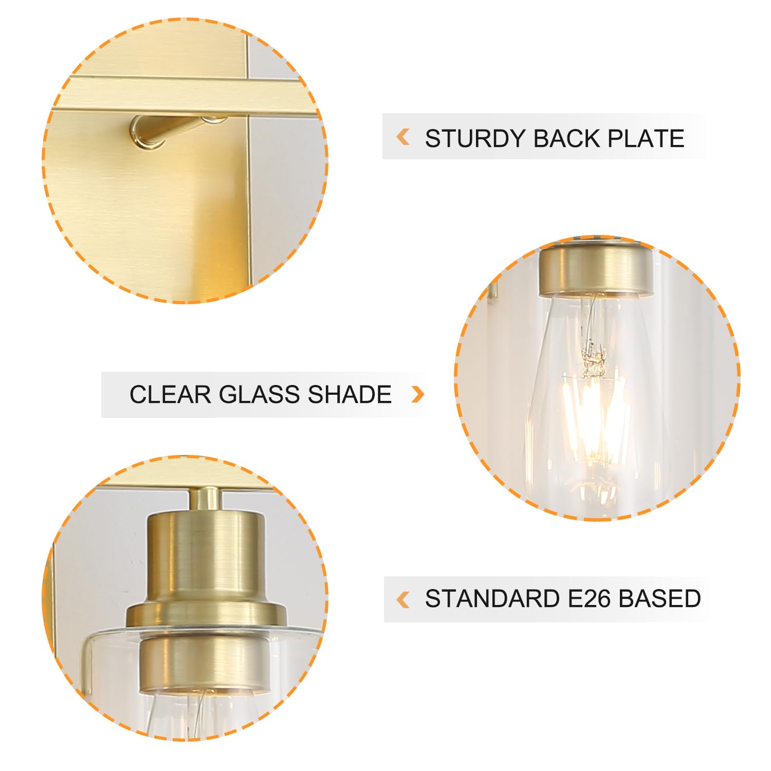 Jodauirt Brass Bedside Wall Sconces Set Of 2, 1-Light Gold Bathroom Vanity Lights Fixtures With Clear Glass Shade, Farmhouse Modern E26 Wall Lamp For Hallway Living Room Bedroom