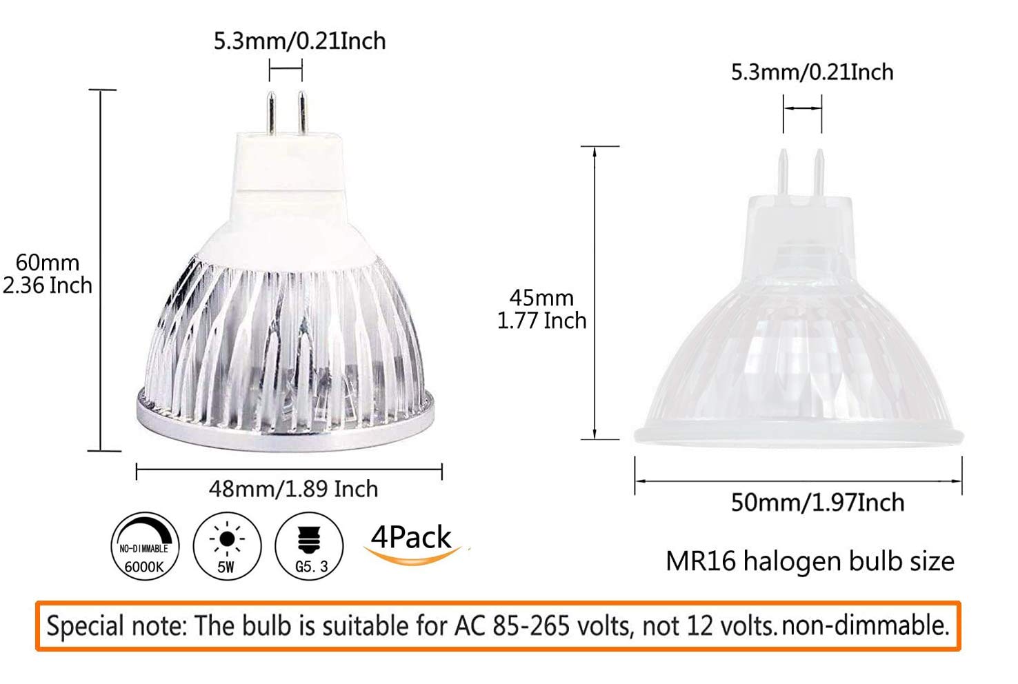 CTKcom MR16 LED Bulbs, 5W Spotlight, 6000K Cool White, 400LM, 4 Count, G5.3 Base, Equivalent to 50W Hal