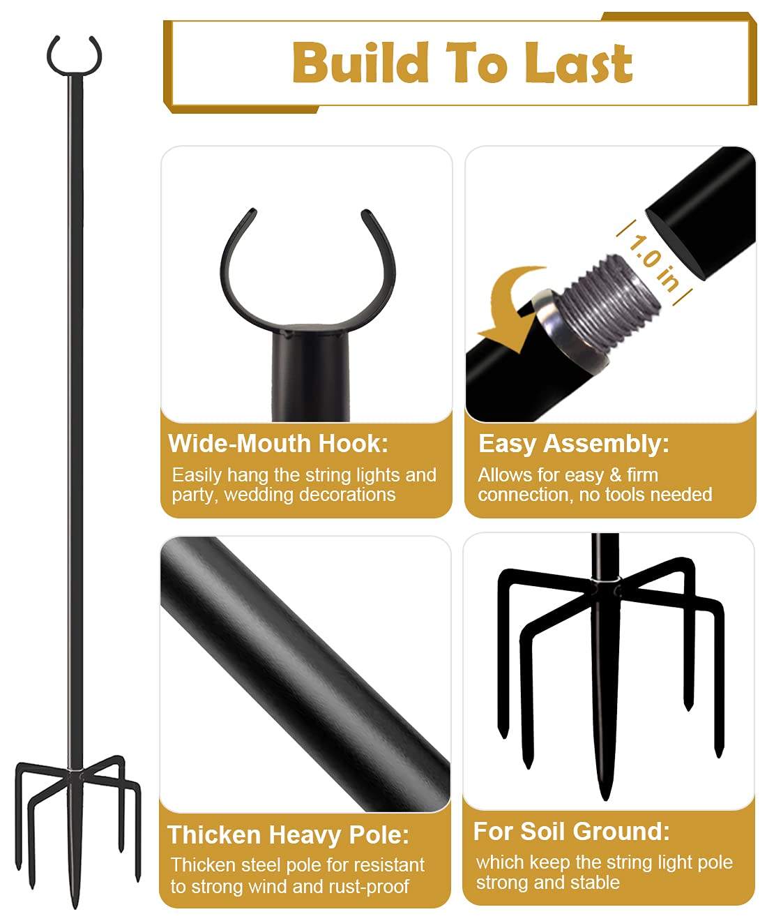 Derkniel 10 Ft Outdoor String Light Pole Stand For Garden Lawn, Adjustable Globe Patio Light Post For Hanging Outside Decorate Lighting, 2 Packs