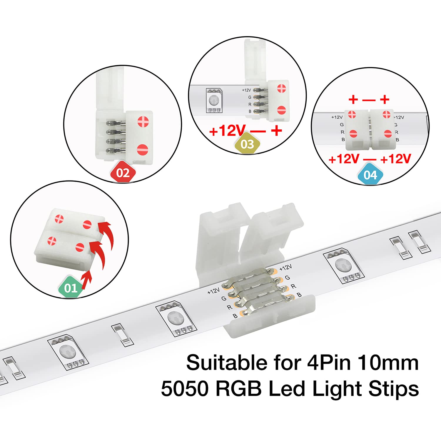 DAYBETTER 20 Pcs 4 Pin LED Light Connectors - 10mm Solderless Adapter Clips for SMD 5050 RGB Multicolor Strip Lights