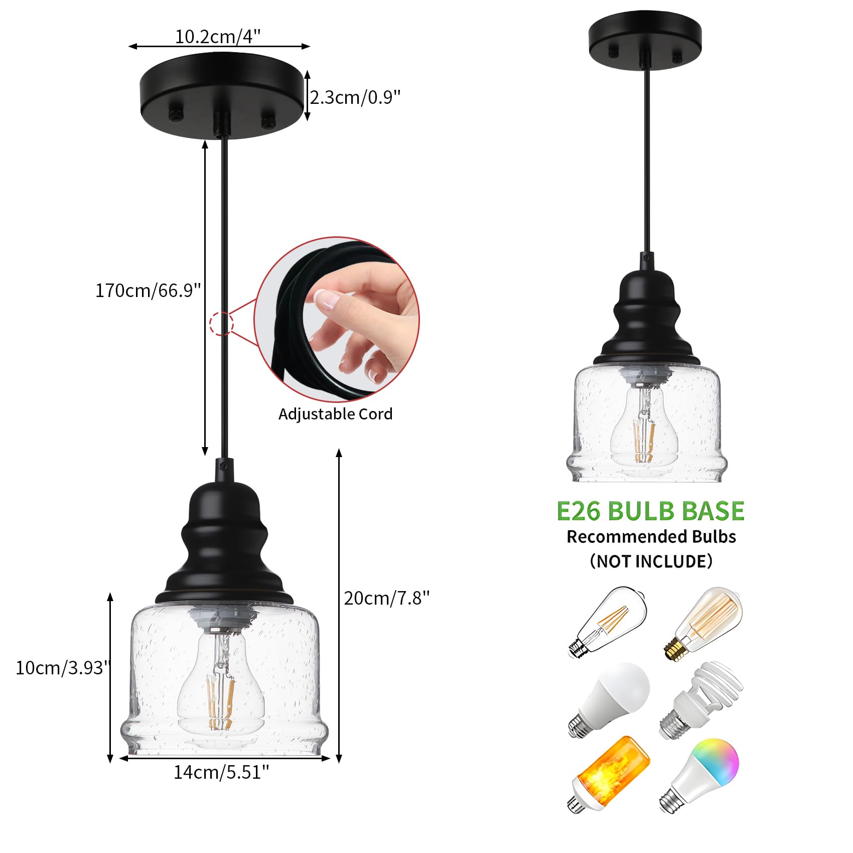 WILON Industrial Pendant Light, 1-Light, Adjustable, Black Seeded Glass, Dimmable, Model QLBD0056-A