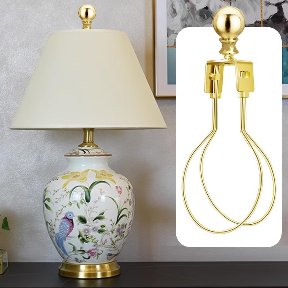 Asjeumt 2Pcs Lamp Shade Light Bulb Clip Adapter Kit, Gold Lampshade Holder Adapter With Round Top Finial, No Harp Required, Clip
