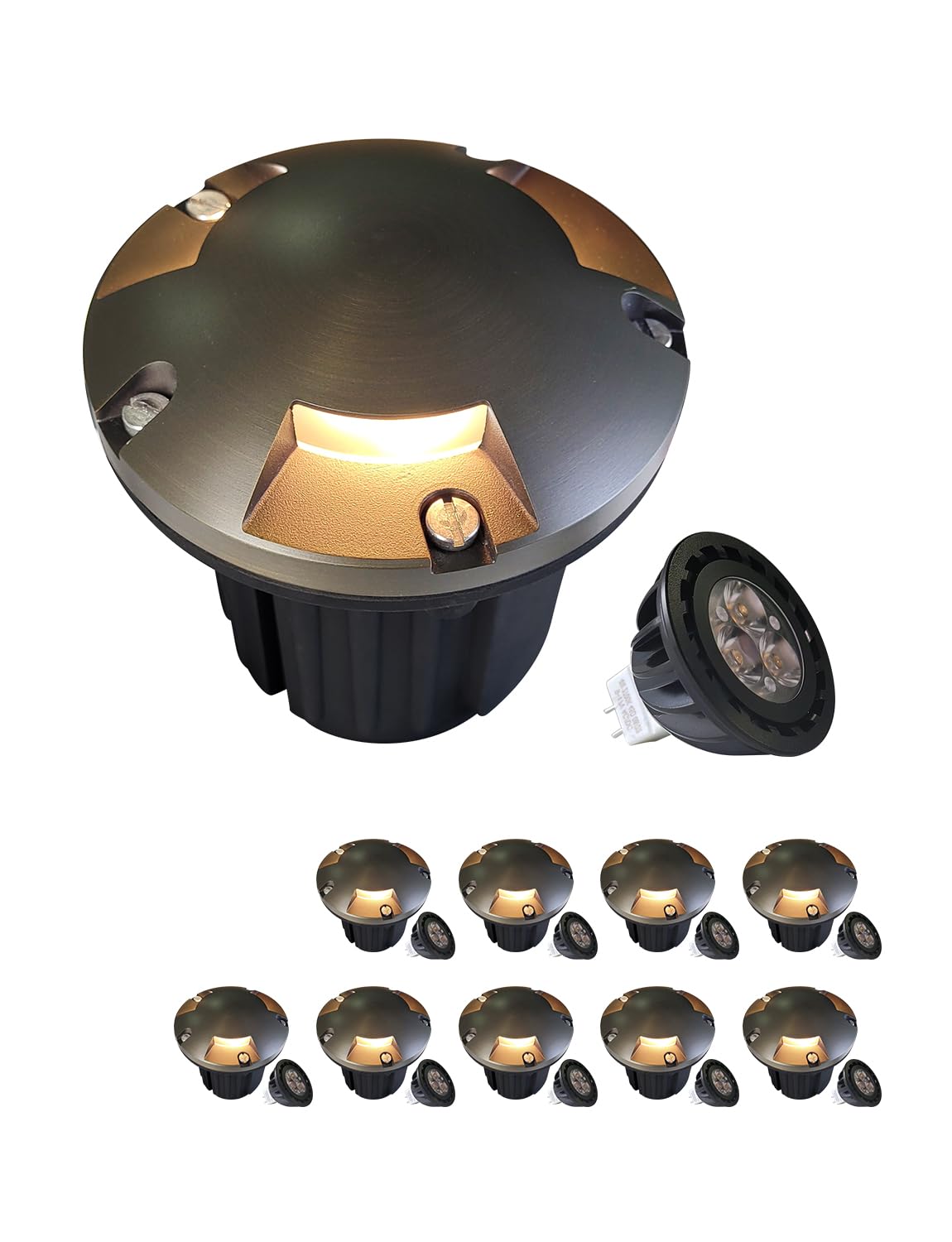 Malory Brass Top Cover Landscape Well Lights (5H) 12V Low Voltage Outdoor In Ground Lights Landscape Lighting For Pathway  Driveway And Garden (Three-Direction Turret  10-Pack With Bulb)