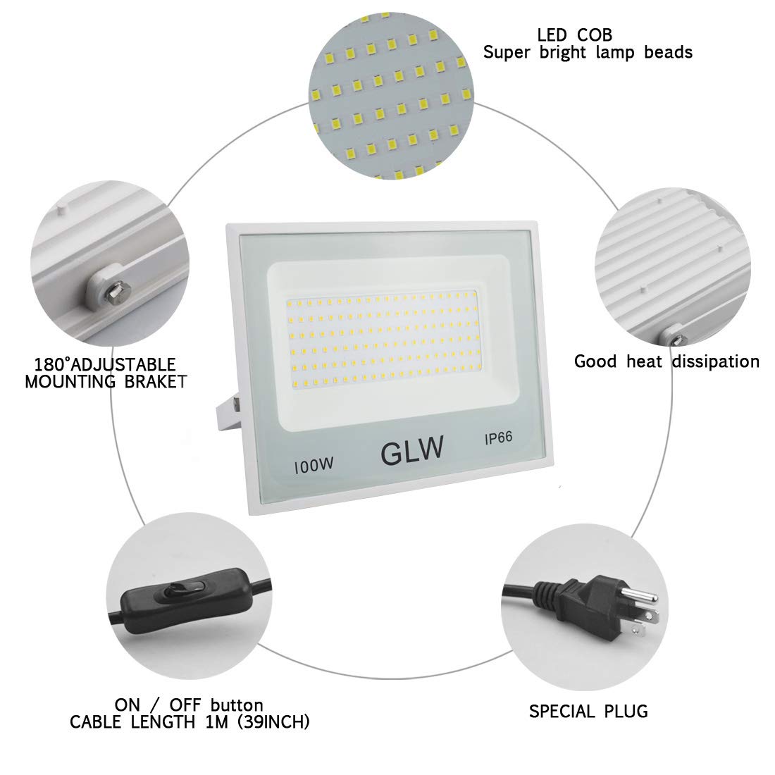 GLW 100W LED Flood Lights 2 Pack, 10000LM Super Bright, IP66 Waterproof, 6000K Daylight White for Outdoor Use