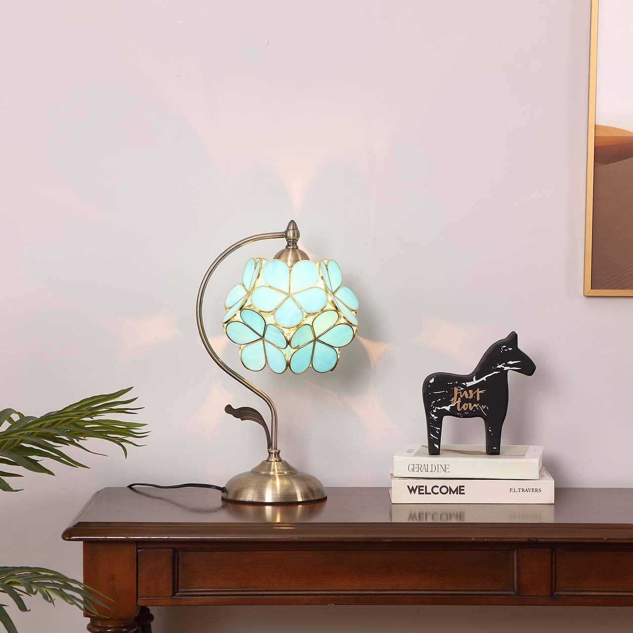Bieye Tiffany Style Stained Glass Table Lamp - 8in Cherry Blossom, Sky Blue, Model PETALTABLE
