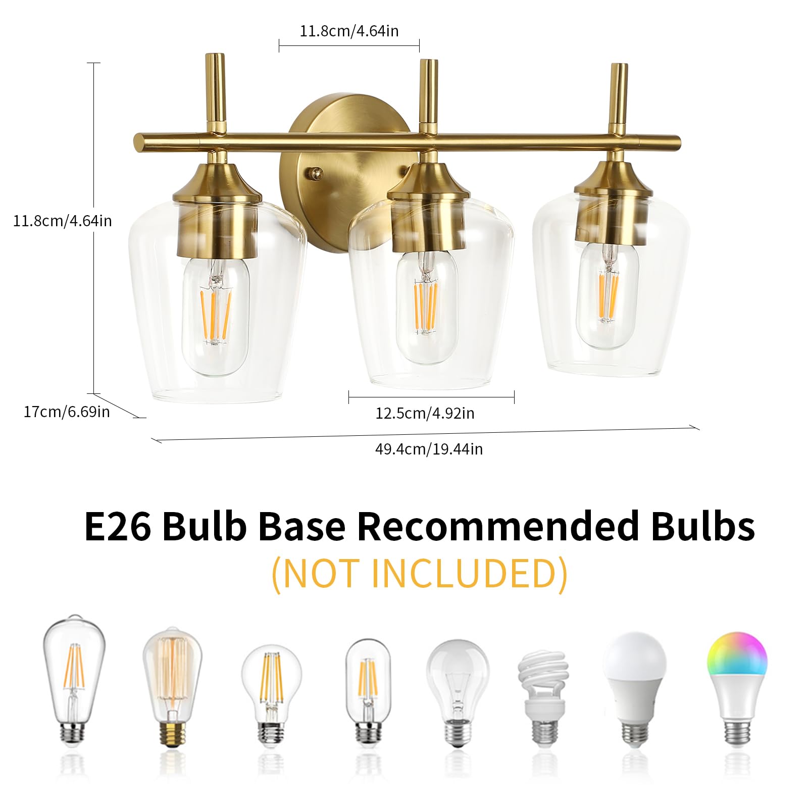 foucasal 3-Light Bathroom Vanity Light Fixtures, Gold Brushed Brass with Clear Glass Shade, Modern Wall Sconces for Living Room and Bedroom