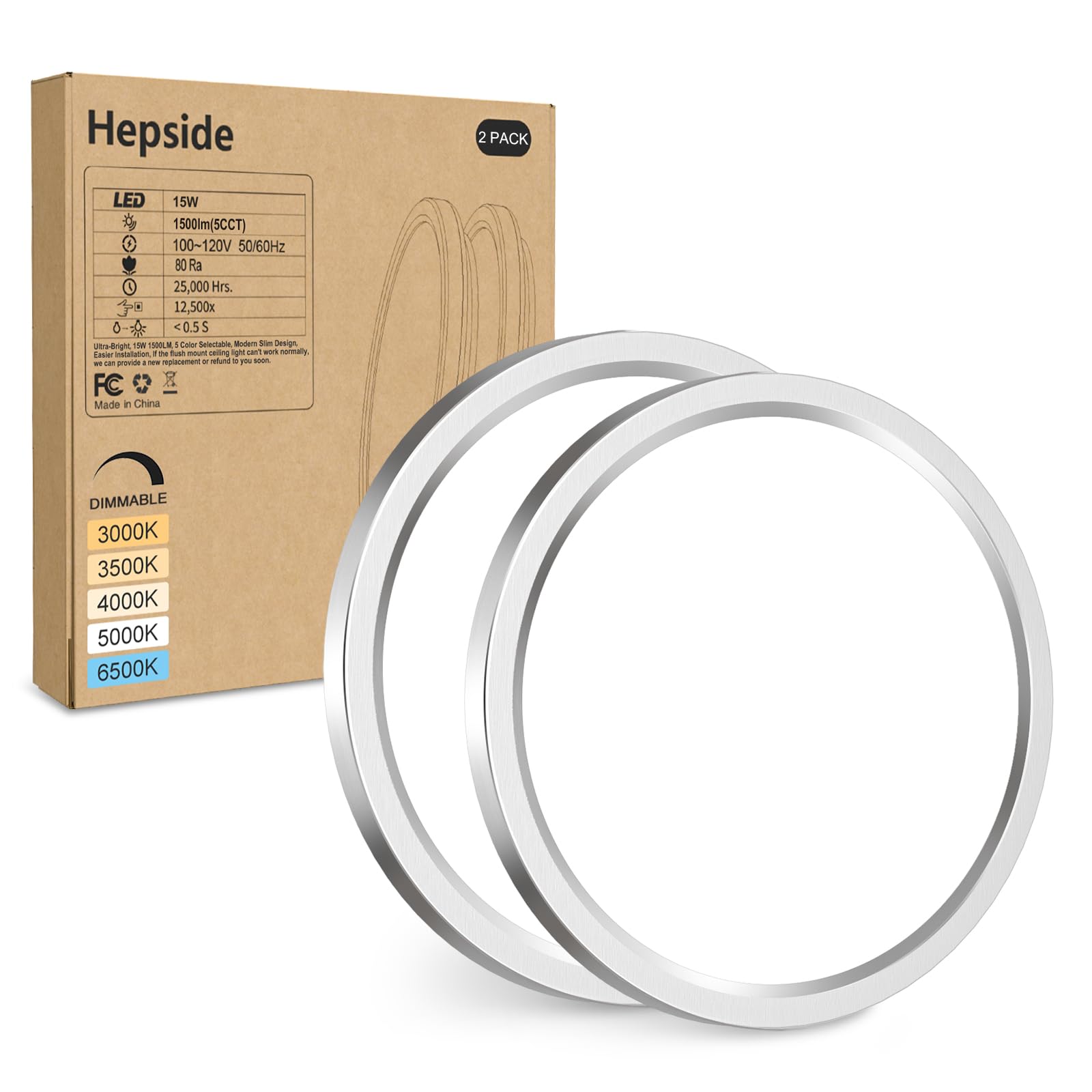 2Pack Led Flush Mount Ceiling Light Fixture Brushed Nickel, 7Inch 15W, Dimmable&3000K-6500K Adjustable Low Profile Ceiling Light