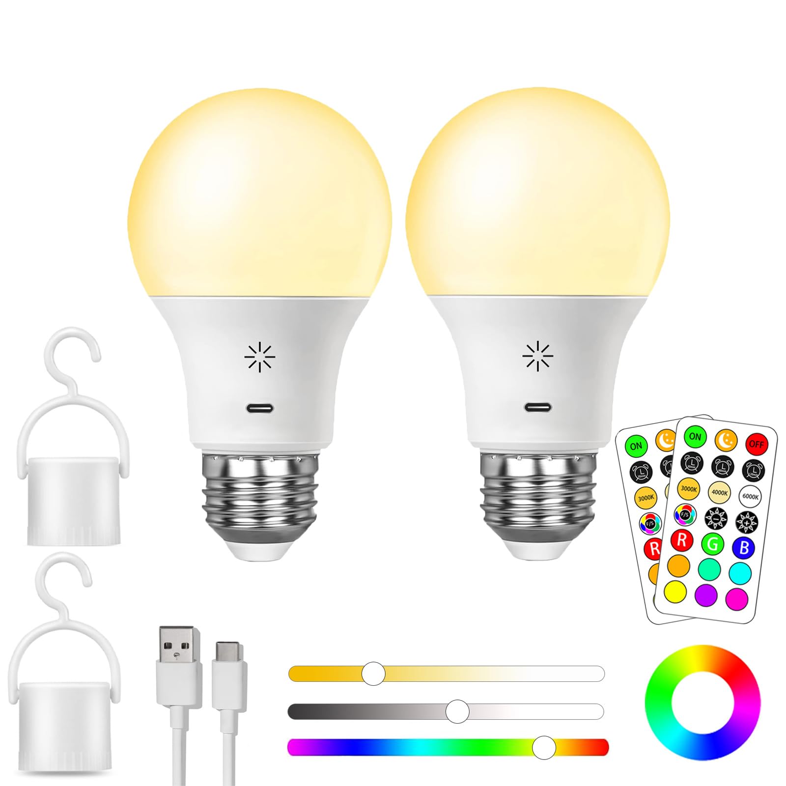 BOBOPAI LED Rechargeable Light Bulbs, Remote & Touch Dimmable, RGB Colors, E26, 2 Pack
