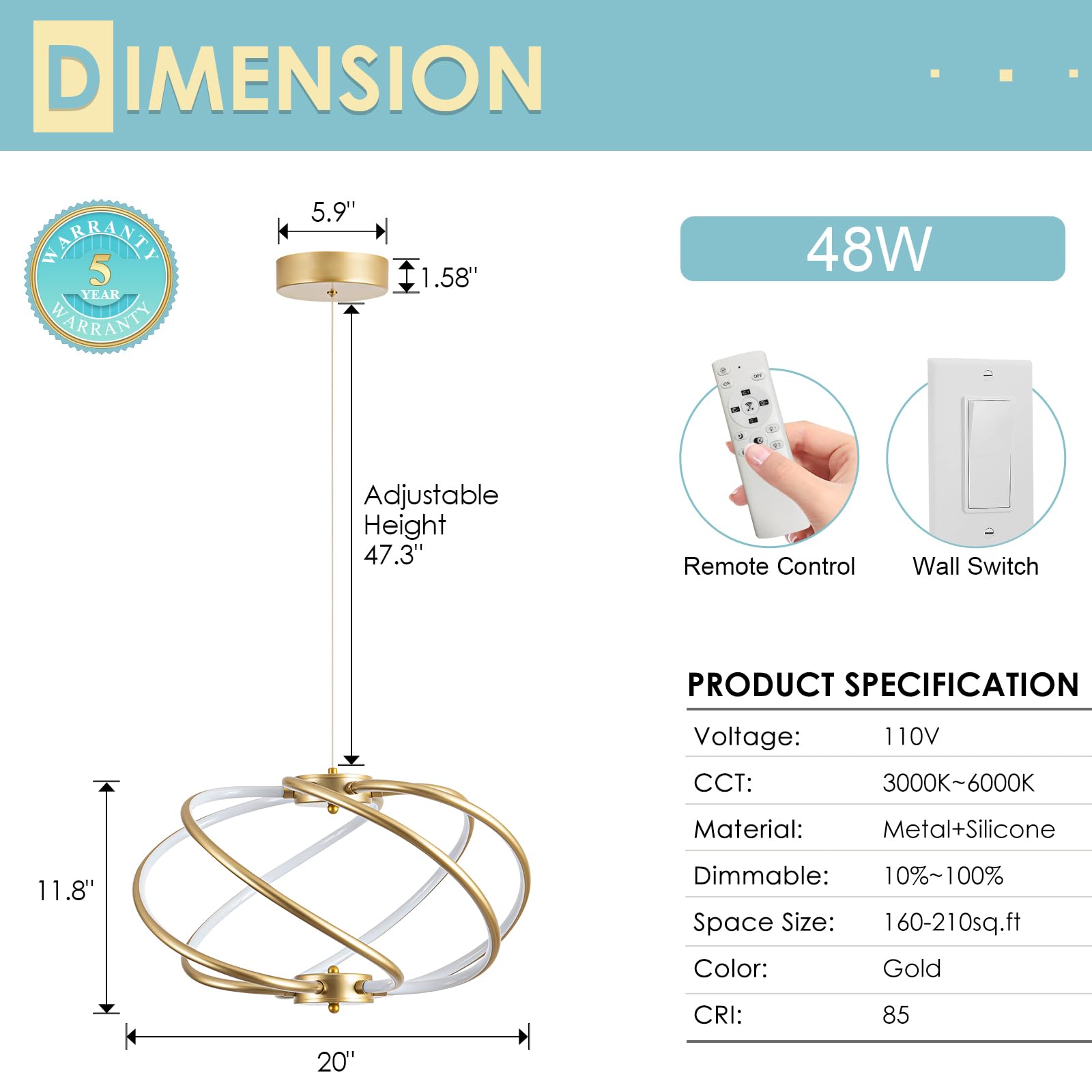 Chying Modern Gold Chandelier Led Dimmable Pendant Light 3000K-6000K Cage Chandeliers Lighting Contemporary Dining Room Light Fi