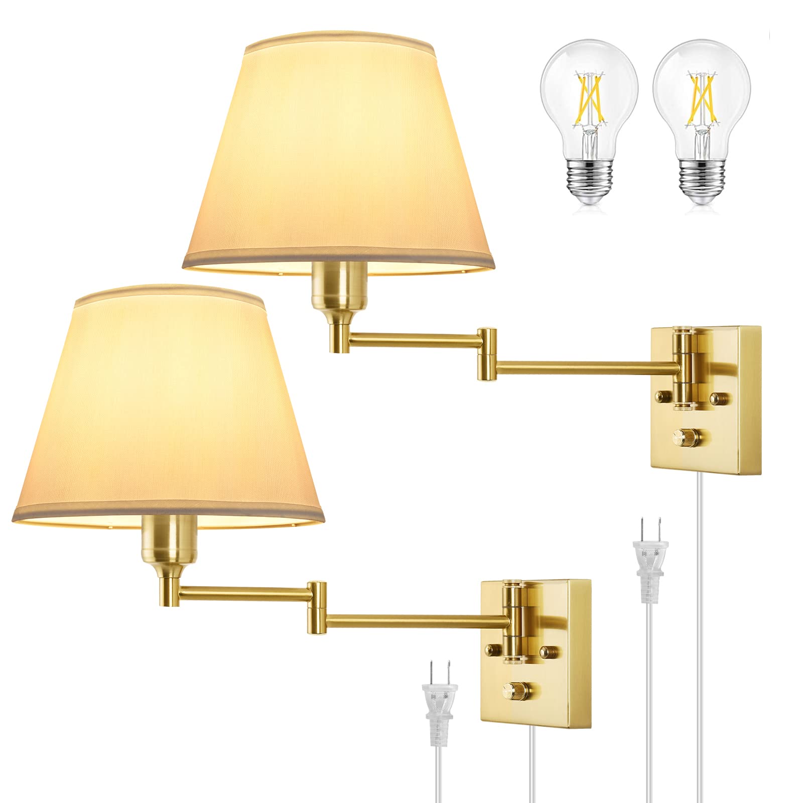 Trlife Wall Sconce Plug In, Brushed Brass Dimmable Wall Sconces Set Of 2 Swing Arm Wall Lights With Plug In Cord And Dimmer On/O