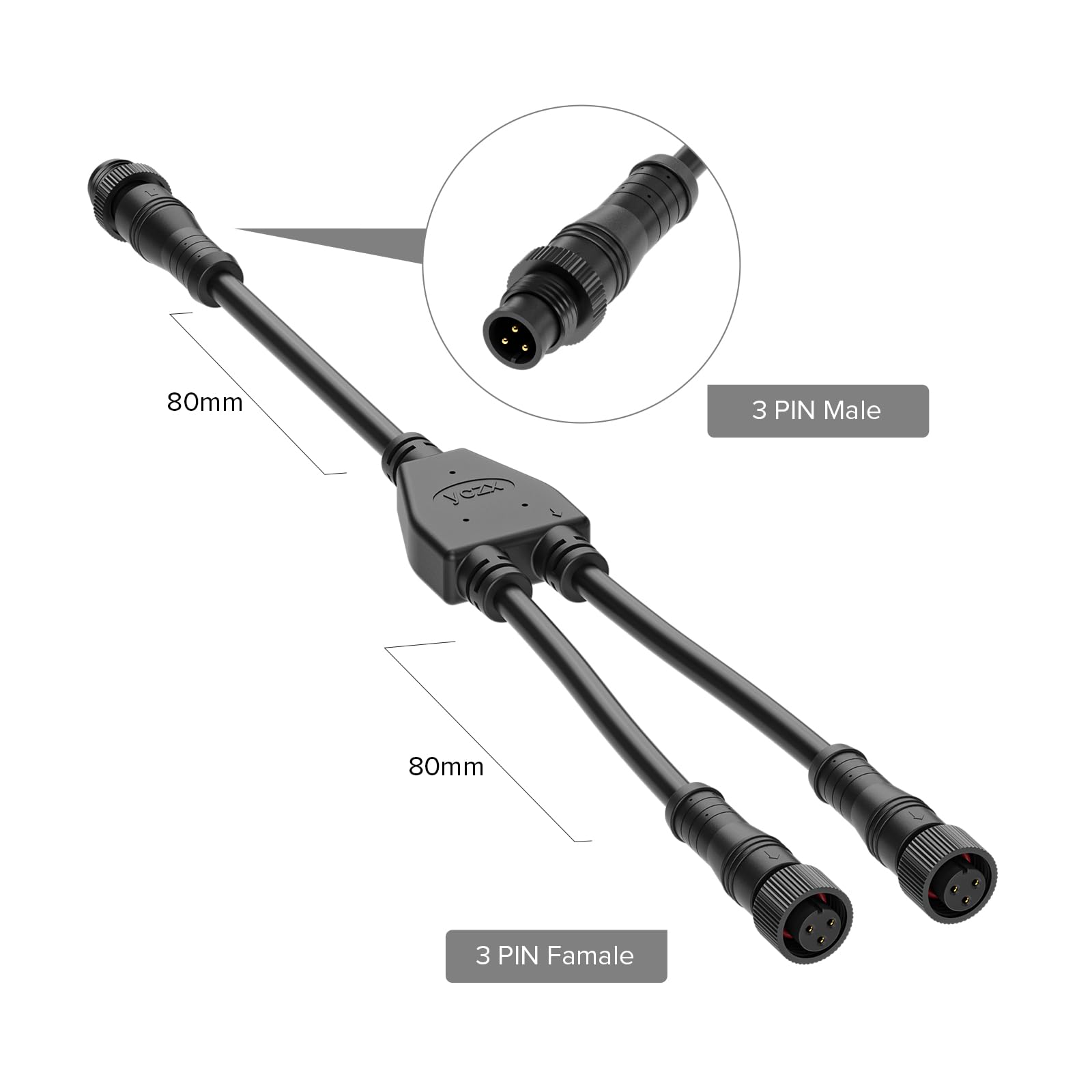 BTF-LIGHTING 3 Pin Small Size IP68 Y Shape Splitter Connector - 1 Male to 2 Female, Black, 18AWG, Model WP3PINBS-IP68-