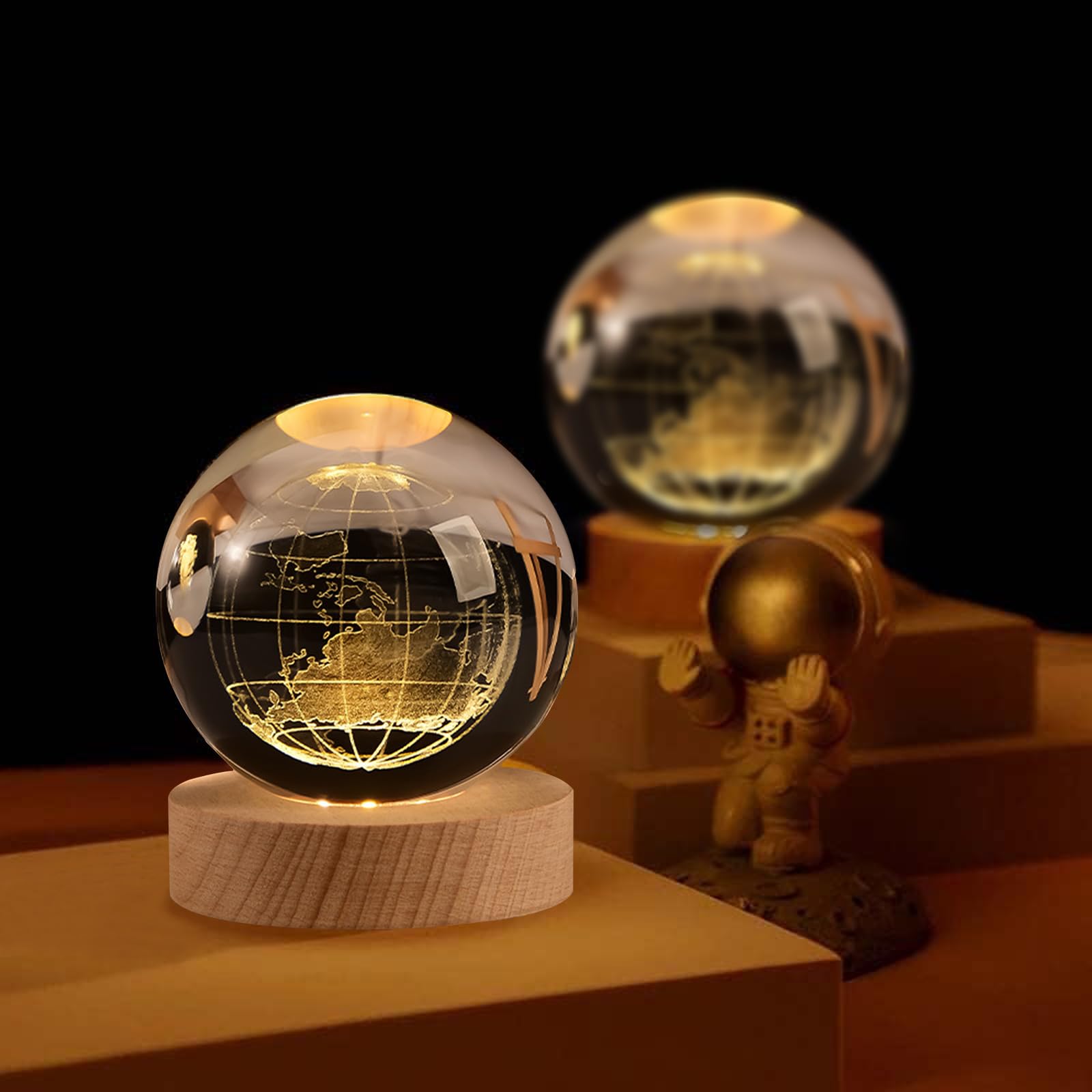 Dniebw 3D Earth Crystal Ball Night Light Glass Ball Night Lamp With Wooden Base Fantasy Decoration Crsytal Ball Led Galaxy Planet Nightlight Bedroom Decor For Women 2.4 Inch(60Mm)