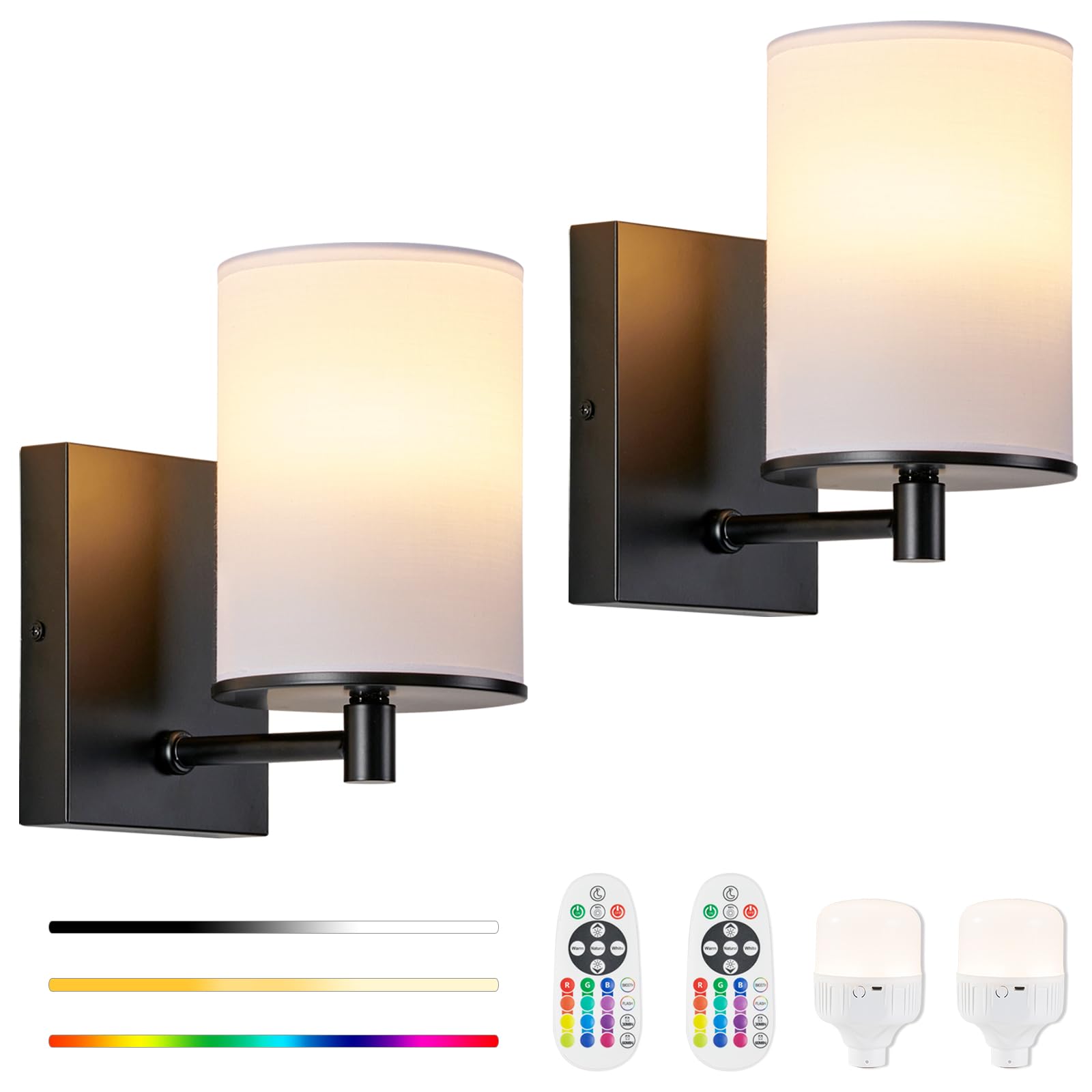 TERLEENART Battery Operated Wall Sconce Set of Two,13 RGB Colors Dimmable Rechargeable Wall Sconces with Remote Control,Wall Lig