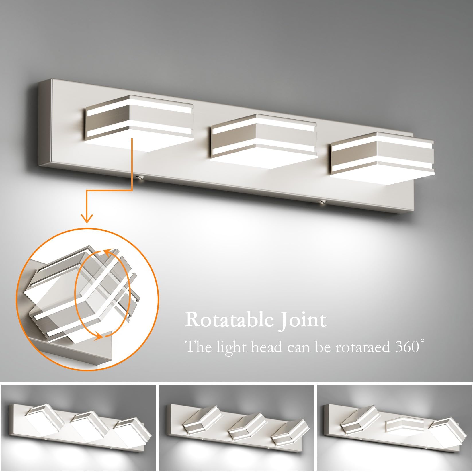 Ralbay 24Inch Brushed Nickel Bathroom Vanity Lights 3-Light Metal Acrylic Led Modern Bathroom Wall Lighting Fixtures