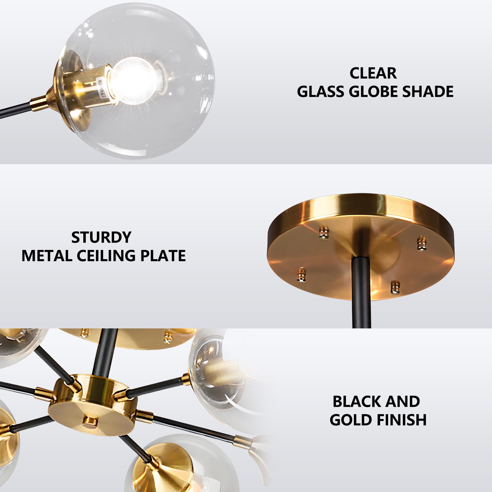 Kco Lighting Mid Century Modern Gold Ceiling Lighting Fixture 6-Light Black Metal Flush Mount Ceiling Lights Brushed Brass Clear