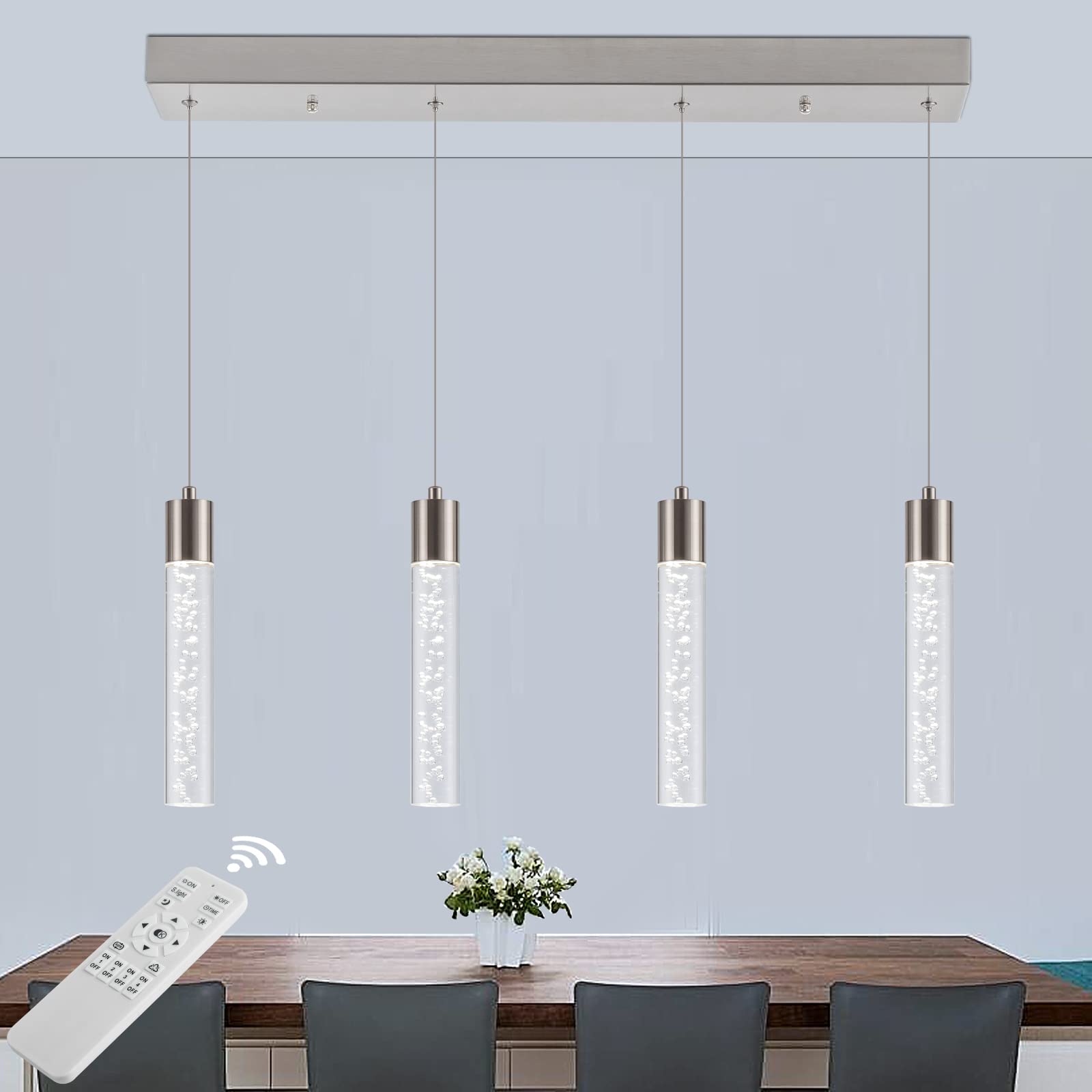 BESTWEST 4-Light Pendant Light Fixture, Dimmable, Remote Control, Brushed Nickel, Model BW-02-4-BN32W for Kitchen Island or Dining Room
