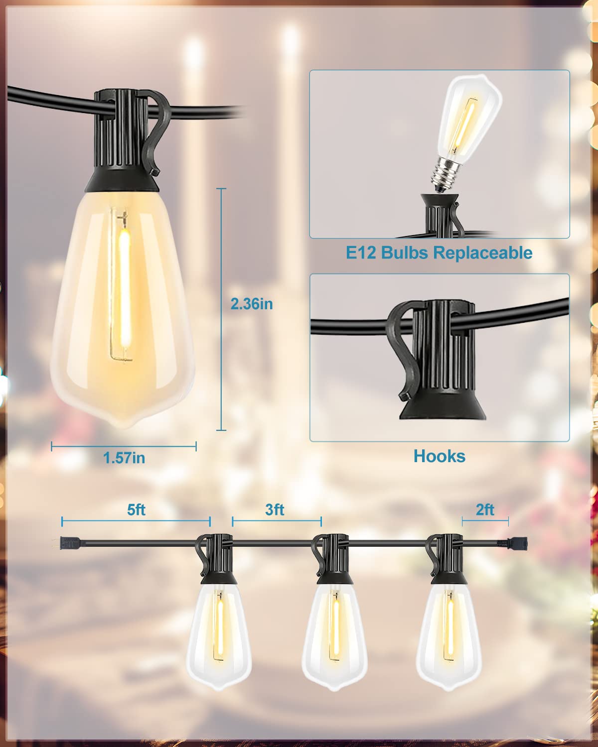 Lightdot LED Bistro String Lights, 500FT, Black, Waterproof, Shatterproof ST38 Vintage Bulbs, Dimmable, Model LSTM-G40-H