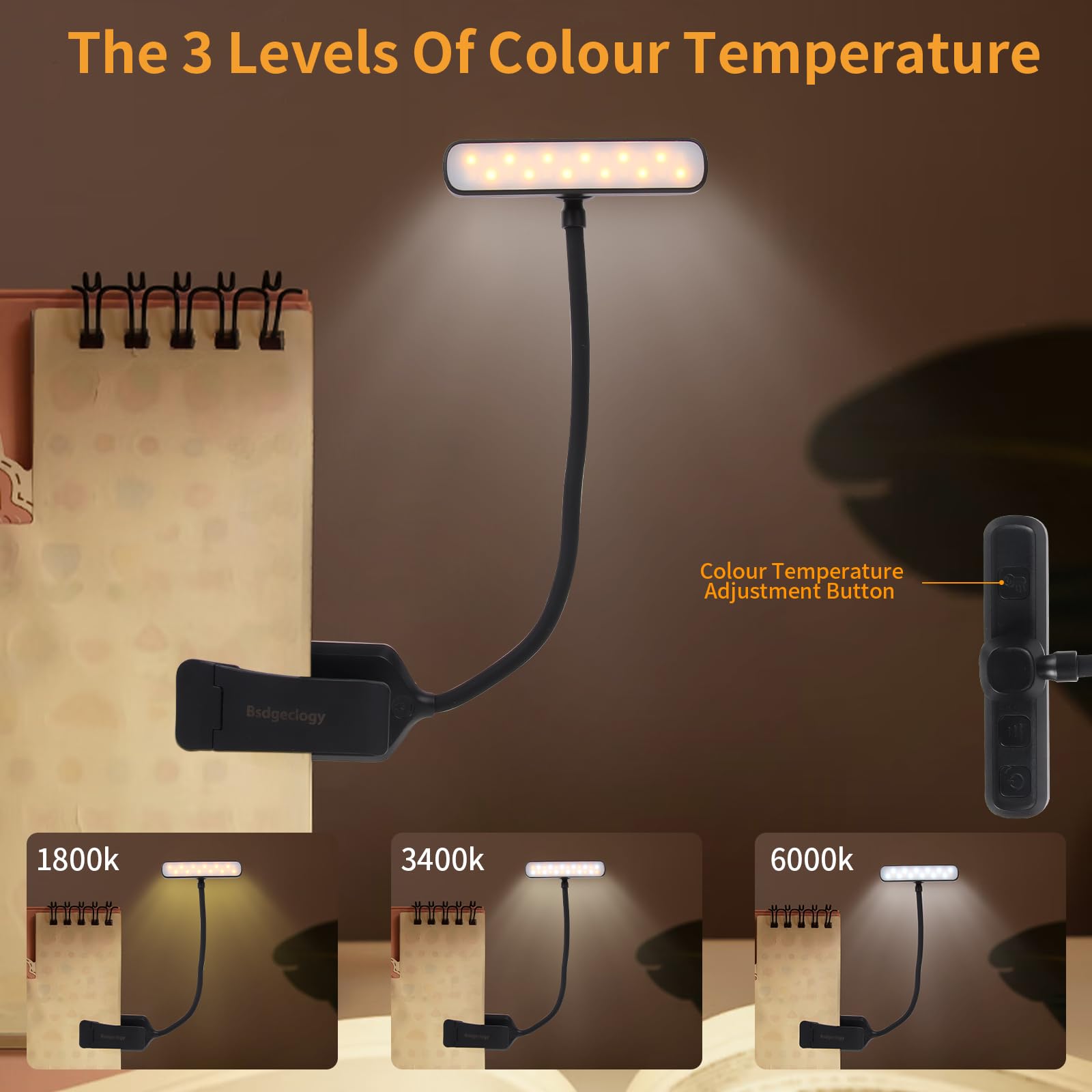 Bsdgeclogy 9 LED Rechargeable Book Light for Reading in Bed - Eye Caring with 3 Color Temperatures, Stepless Dimming Brightness,