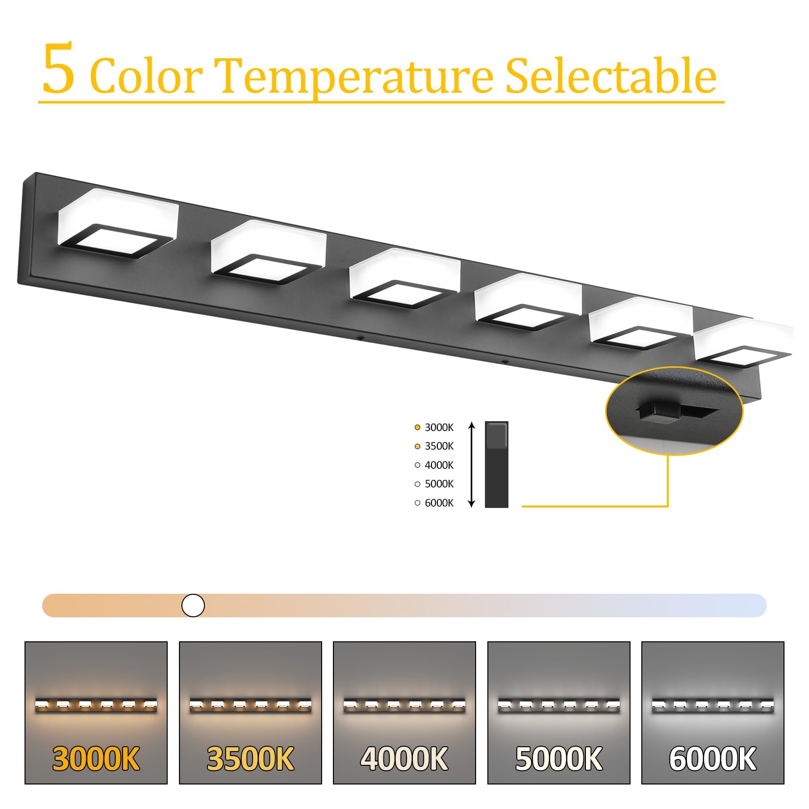 Ralbay 6 Lights Black Bathroom Lights Fixtures 40.4Inch Dimmable 5 Color Temperature Black Acrylic Modern Matte Black Vanity Lig