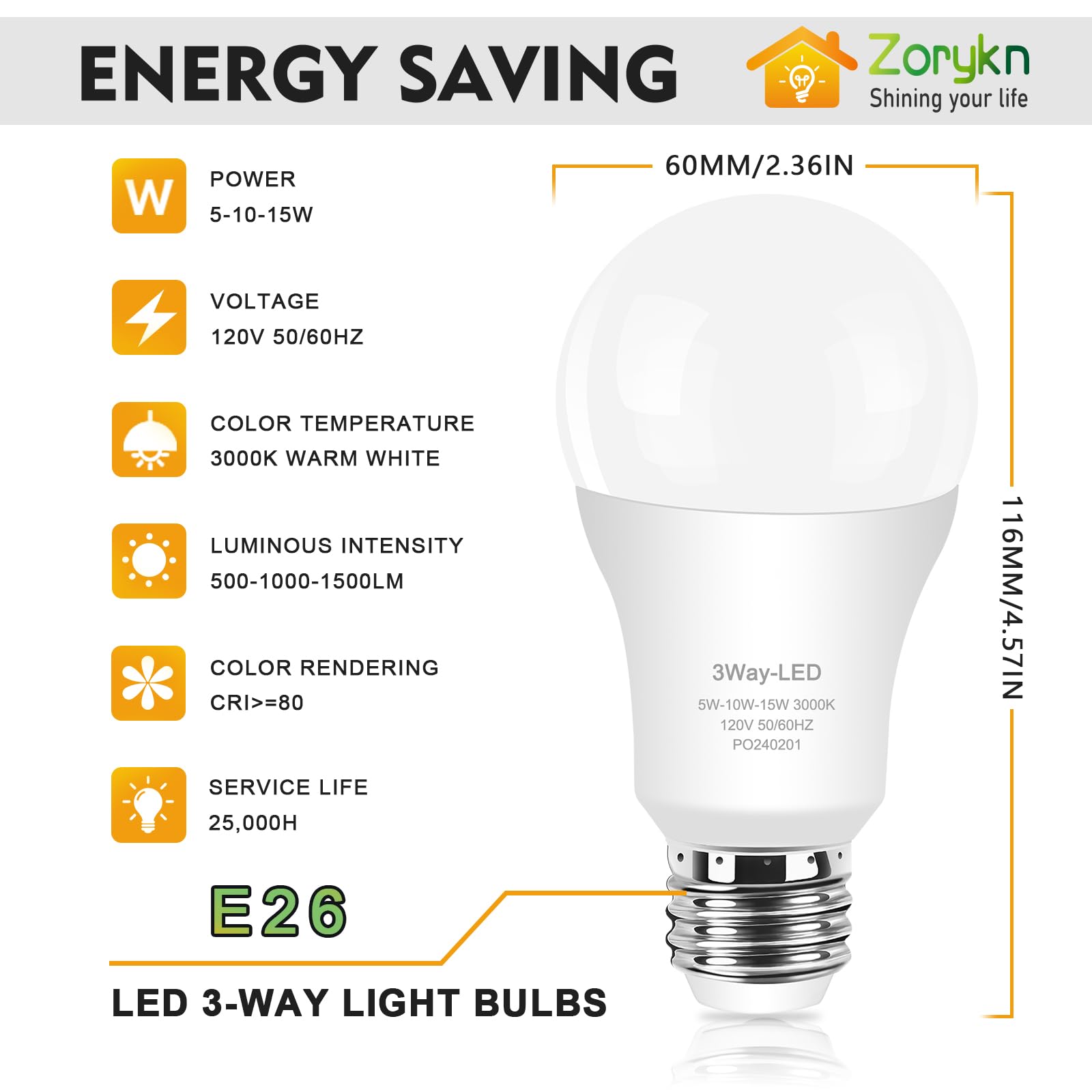 Zorykn 3 Way LED Light Bulbs 50/100/150W, 3000K Warm White, E26 Base, 500/1000/1500 Lumens, Energy