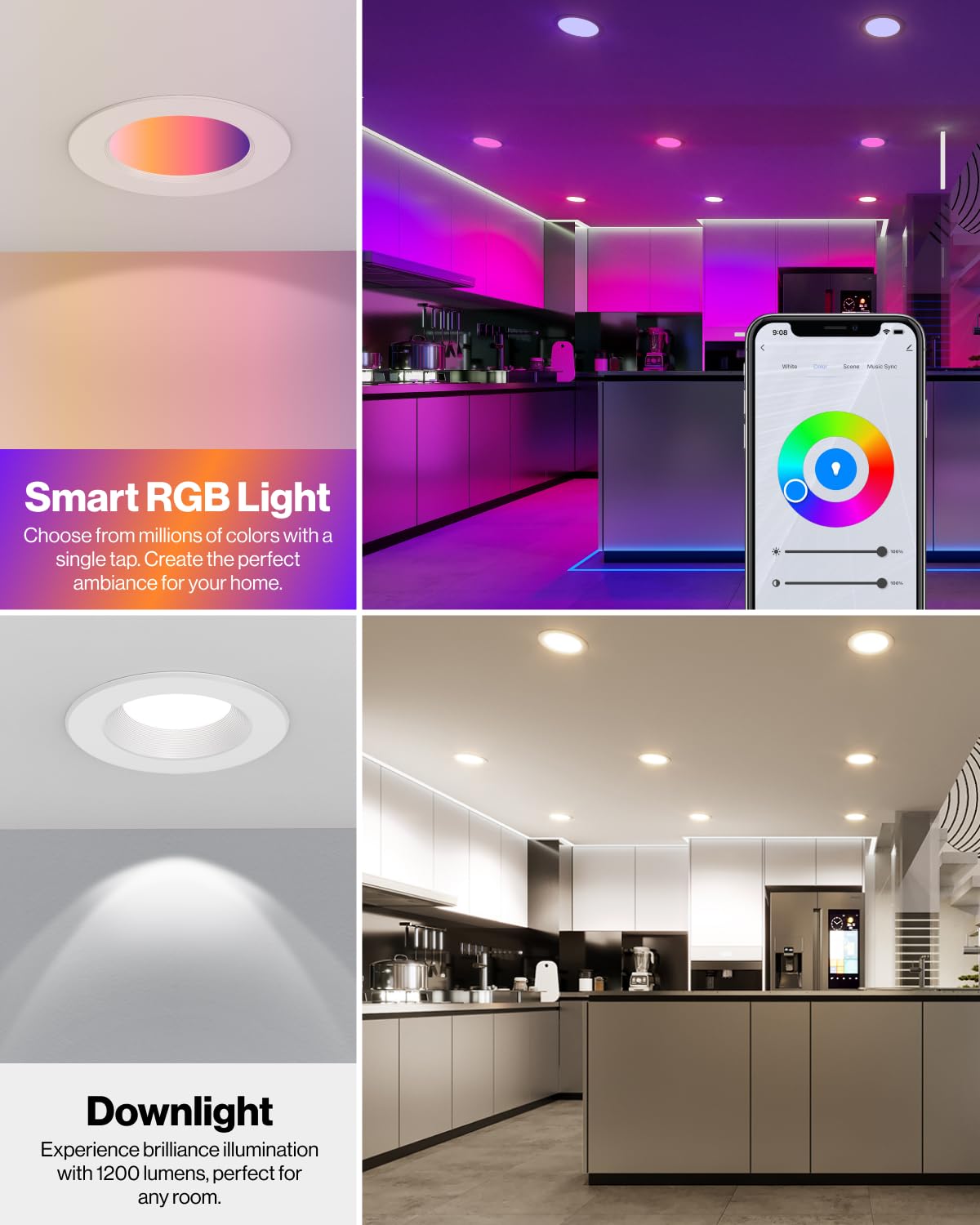 Sunco 4 Pack Led Recessed 6 Inch, Smart Rgbw Color Changing Can Lights, High Brightness 1200 Lm, 14W, Retrofit Installation, Compatible With Amazon Alexa & Google Assistant - Ul
