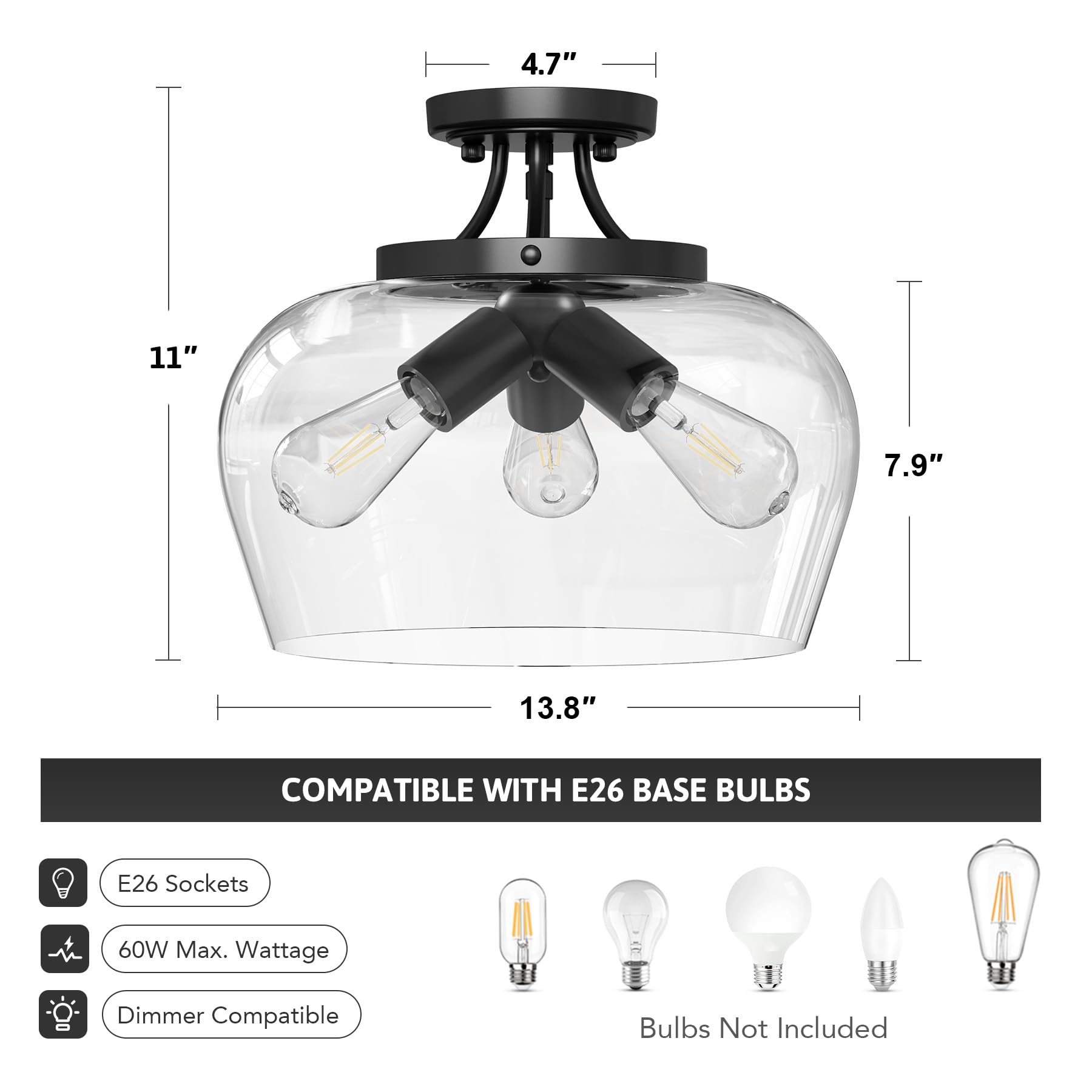 VONLUCE Semi Flush Mount Ceiling Light, 13.8in Industrial Fixture, Matte Black, 3-Bulb, Clear Glass Shade, E26 Base, Model HCF280600V