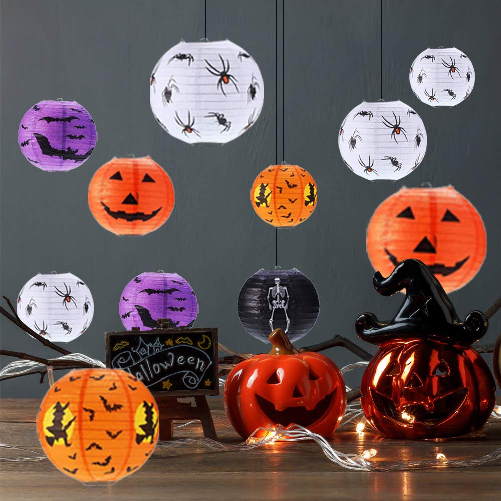 15 Pcs Halloween Pumpkin Paper Lantern Jack-O-Lantern, Spider Bat Skeleton Pumpkin Lanterns For Halloween Party Weddings Garden Bedroom Bar Indoor Outdoor Decoration, 3 Sizes