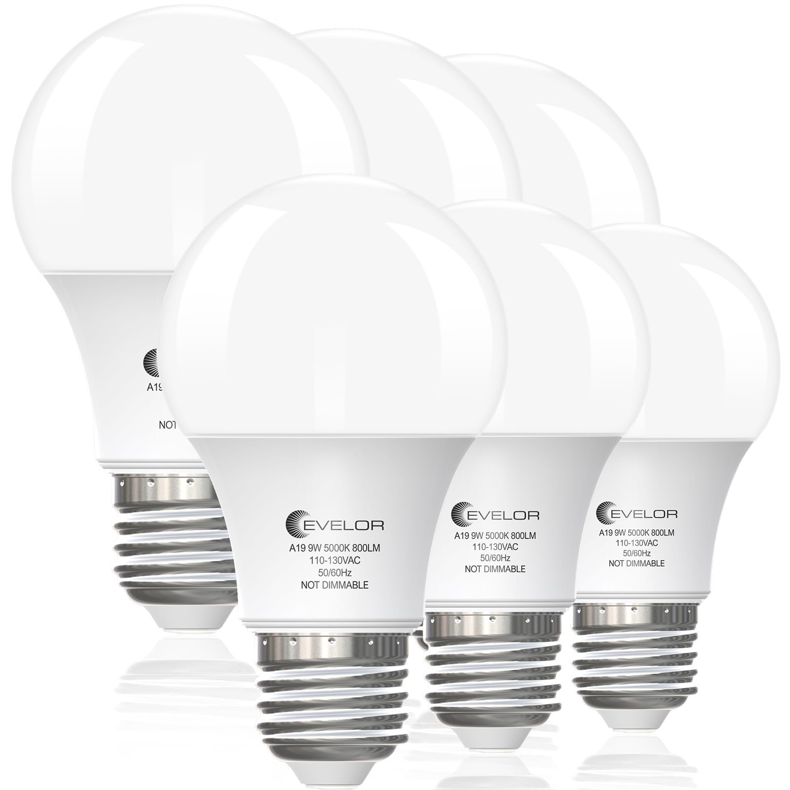 Evelor 6 Pack A19 Led Light Bulbs,60 Watt Equivalent Daylight 5000K With E26 Base,Efficient 9W,800 Lumens Non-Dimmable Led Bulbs