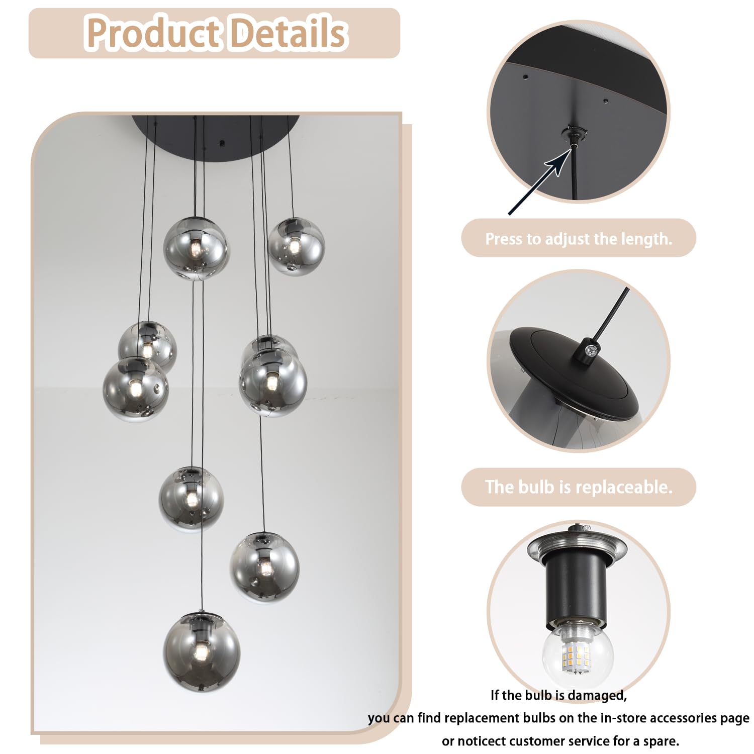 Ykolupty 1-Light Black Pendant Light Fixtures Modern Smoke Gray Glass Globe Pendant Lights Kitchen Island Adjustable Hanging Lights Globe Stairwell Lighting Black Chandelier For Dining Room