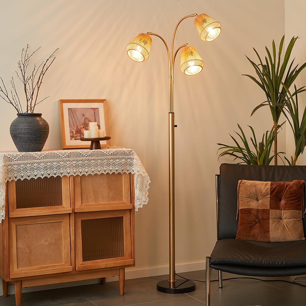 Ghcker Gold Rattan Floor Lamp For Living Room, 72 Inch Tall Boho Floor Lamp With Rotary Switch, 3 Lights Arc Lamp With Wicker Sh
