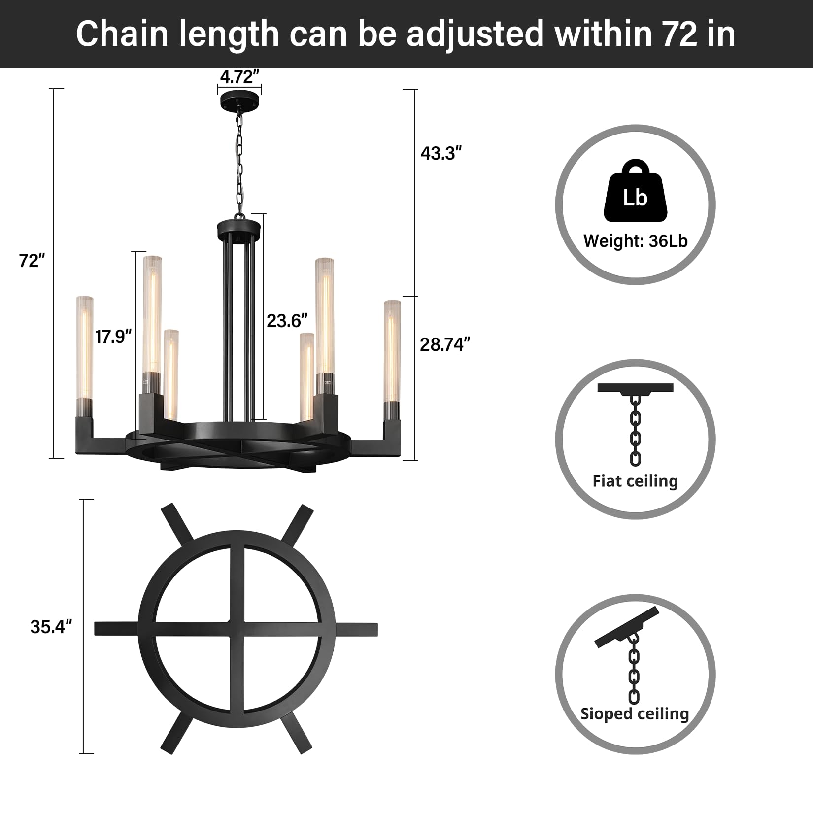 YUEXPAND 6-Lights Wagon Wheel Chandelier, 35'' Black Glass Tube Pendant Lighting for Dining & Living Room, Model 66689cd2