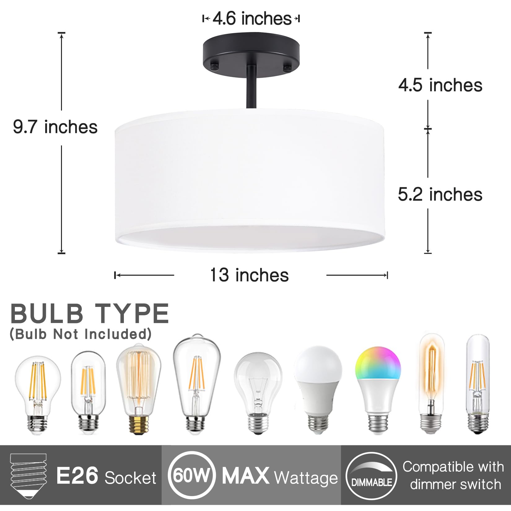 Bargeni 13&quot; Black Semi Flush Mount Ceiling Light Fixture, Modern 3-Light For Bedroom & Hallway