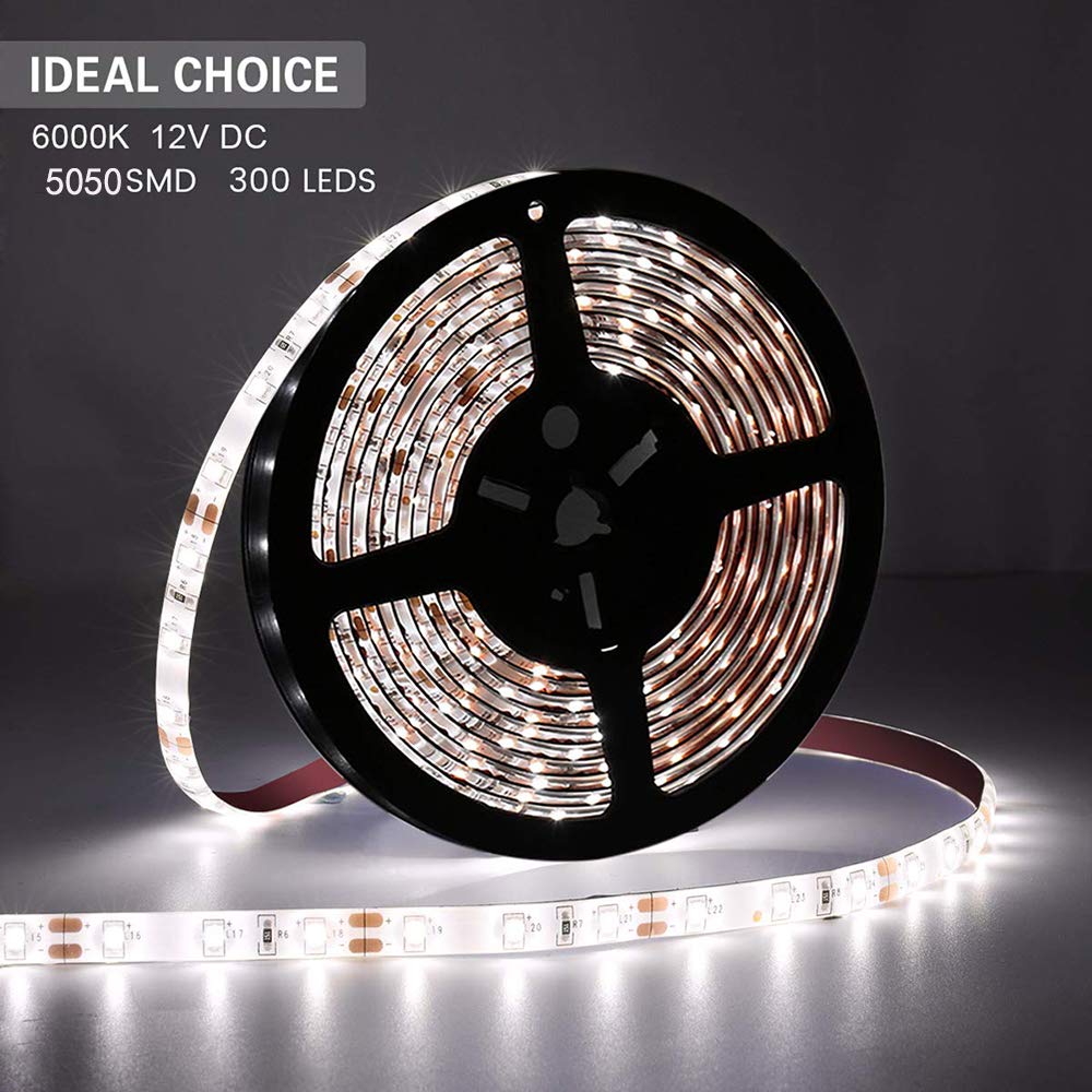 Velain 12V Led Strip Light, Waterproof Daylight White, 16.4Ft, 300 Leds For Home & Party