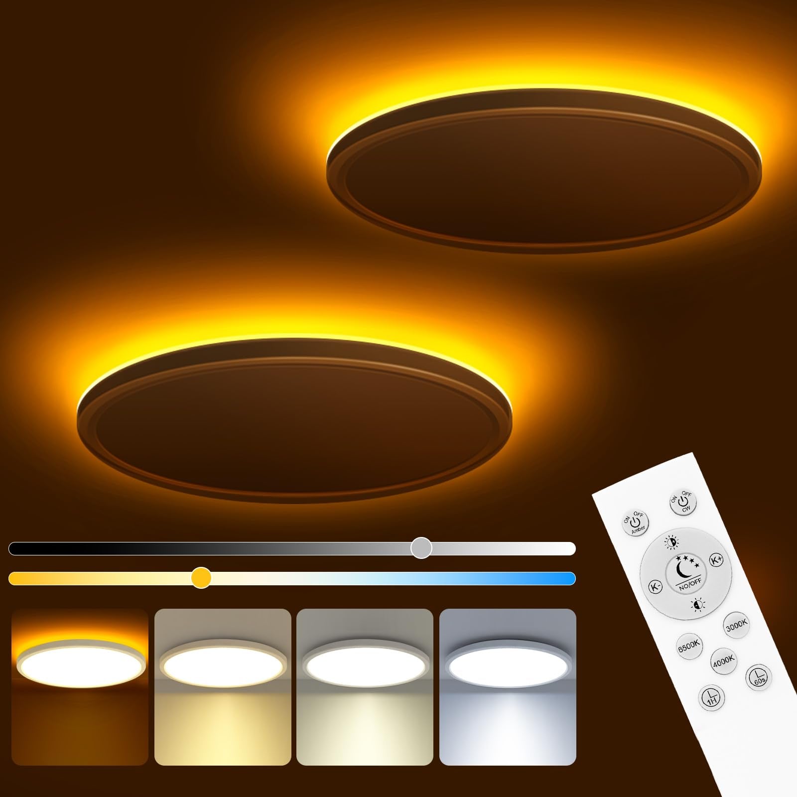 Zemty 12 Inch LED Ceiling Light with Night Light 1800K, 2 Pack Dimmable Ceiling Light Fixtures with Remote Control, Low Profile 