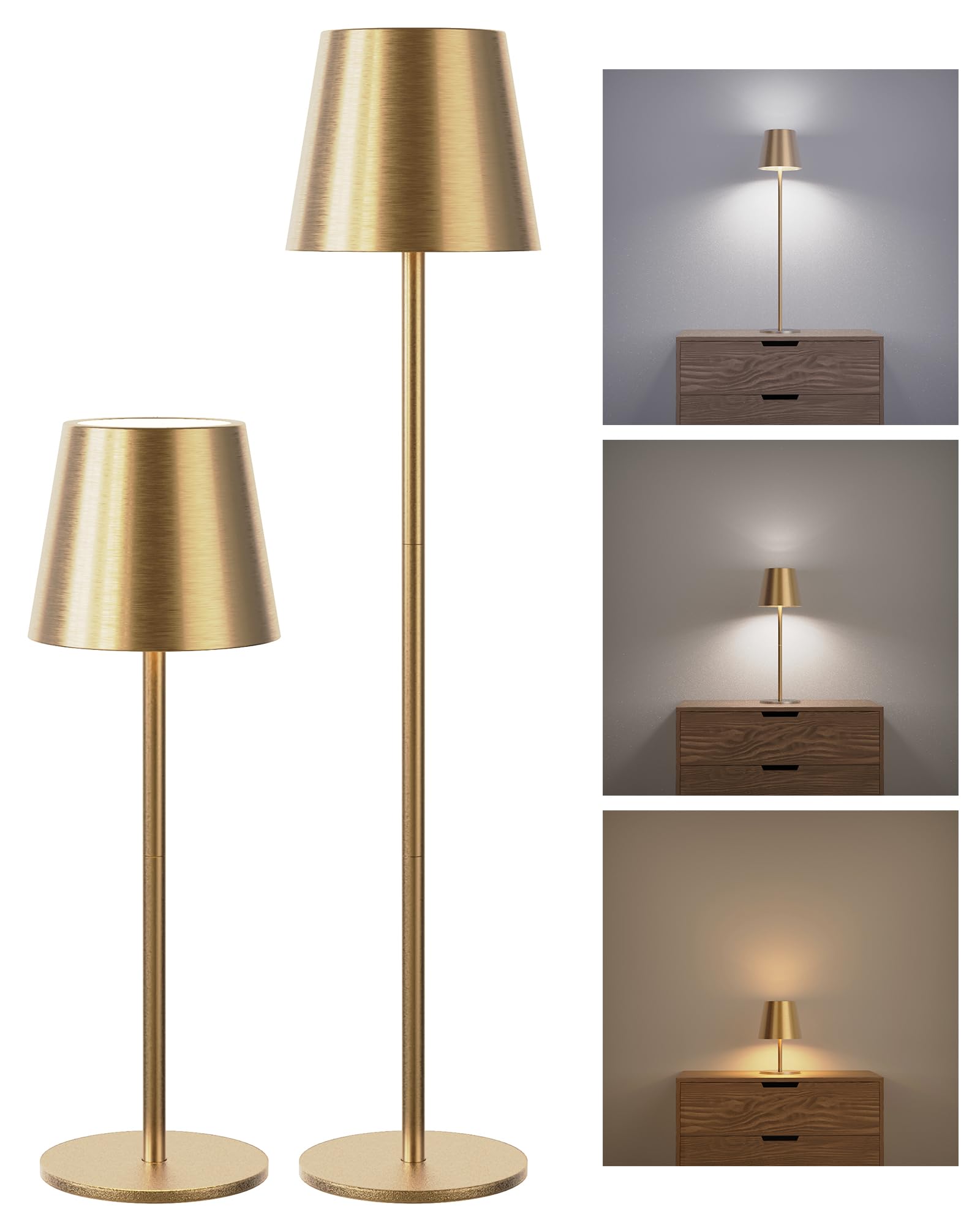 JACKYLED Cordless Table Lamps, 5000mAh Battery, 3 Height Settings, LED, Waterproof, Gold, 2 Pack, Model JKTL02-7005402B