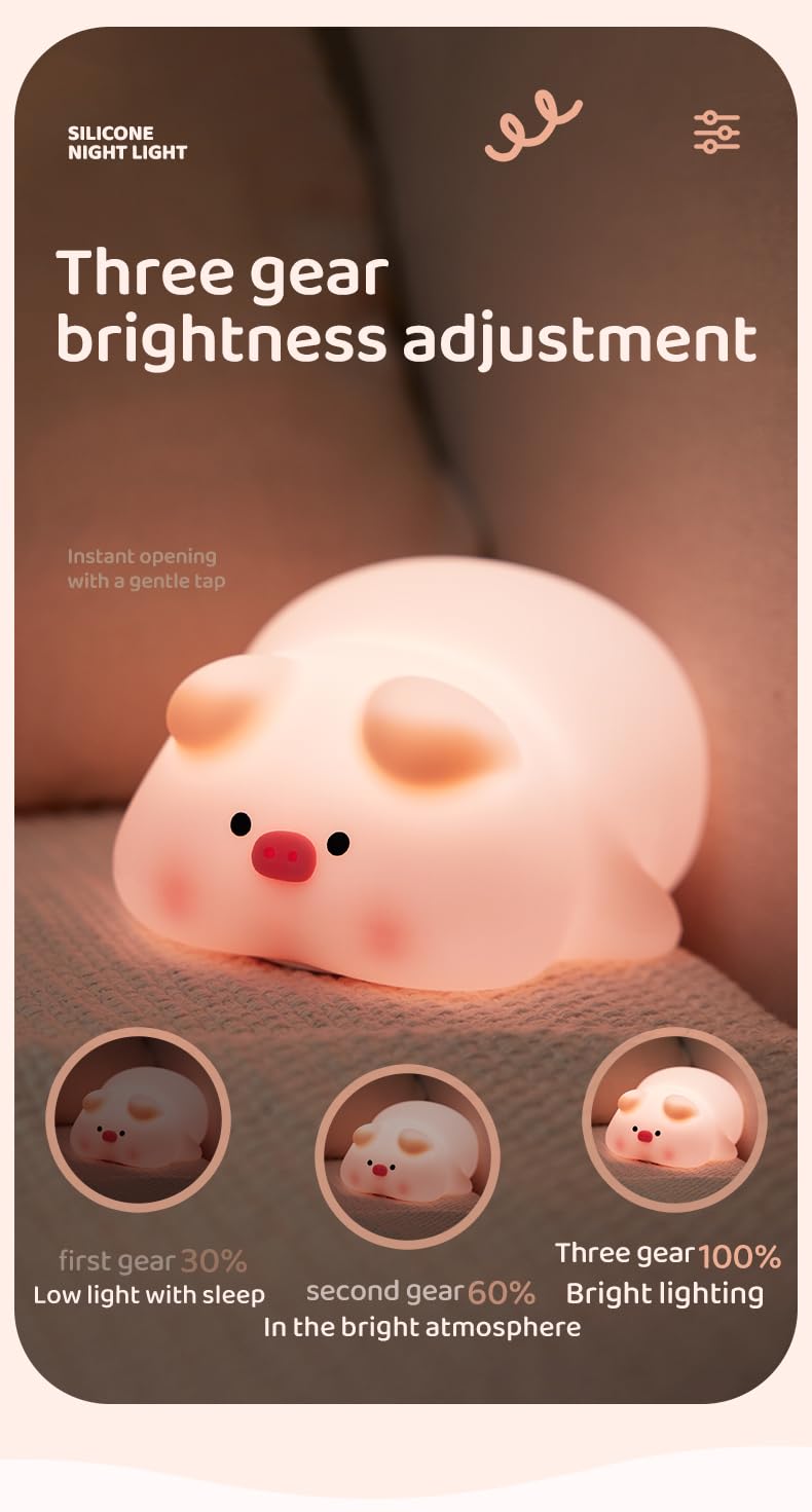 ATSUI Pig Night Light, Rechargeable Silicone Lamp, Adjustable Brightness, Pink, Model ATLE008AP