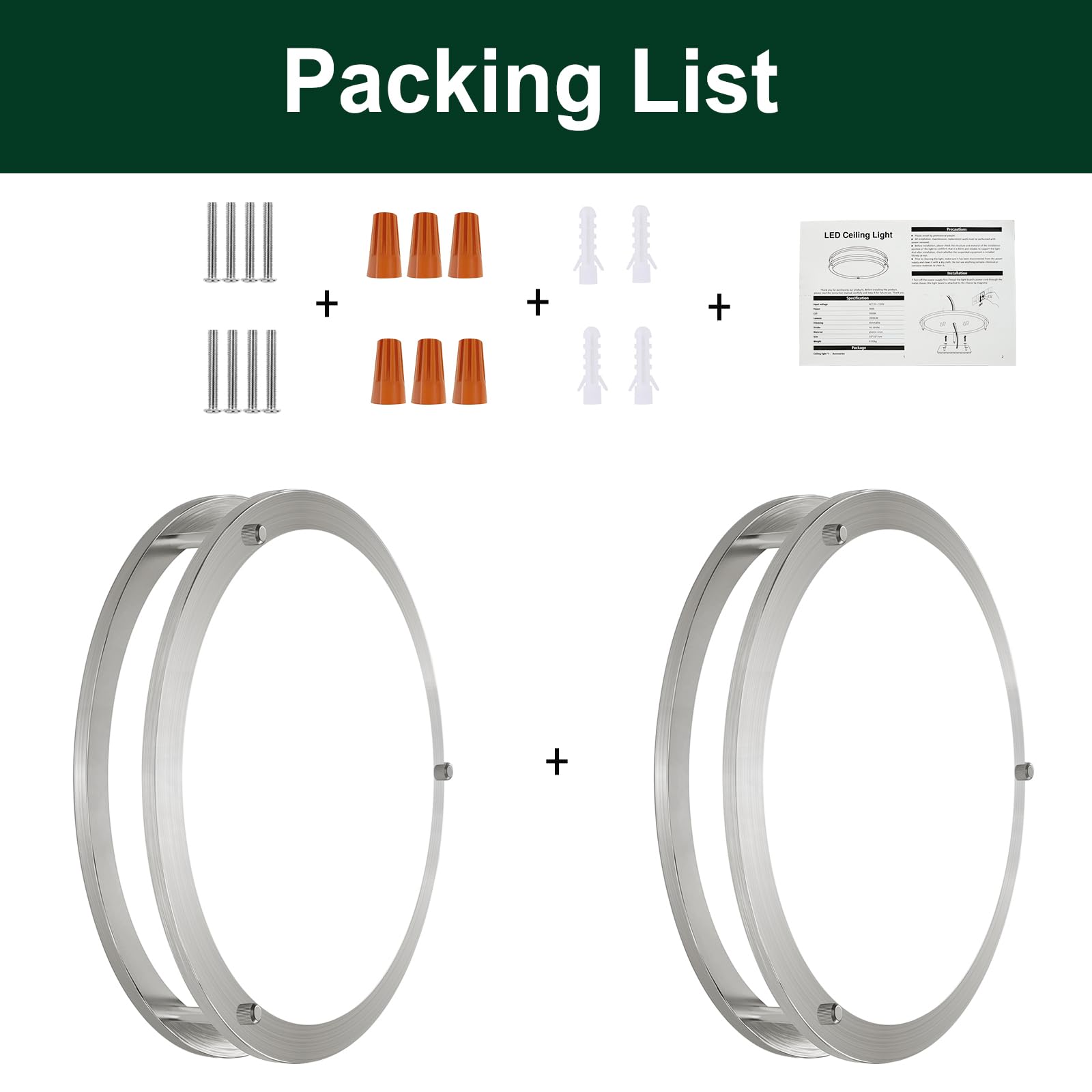 Elekeed 2 Pack 36W Ceiling Light Fixture Brushed Nickel, 13In Led Ceiling Light, Flush Mount Light Fixture No Flicker, 5000K Cei